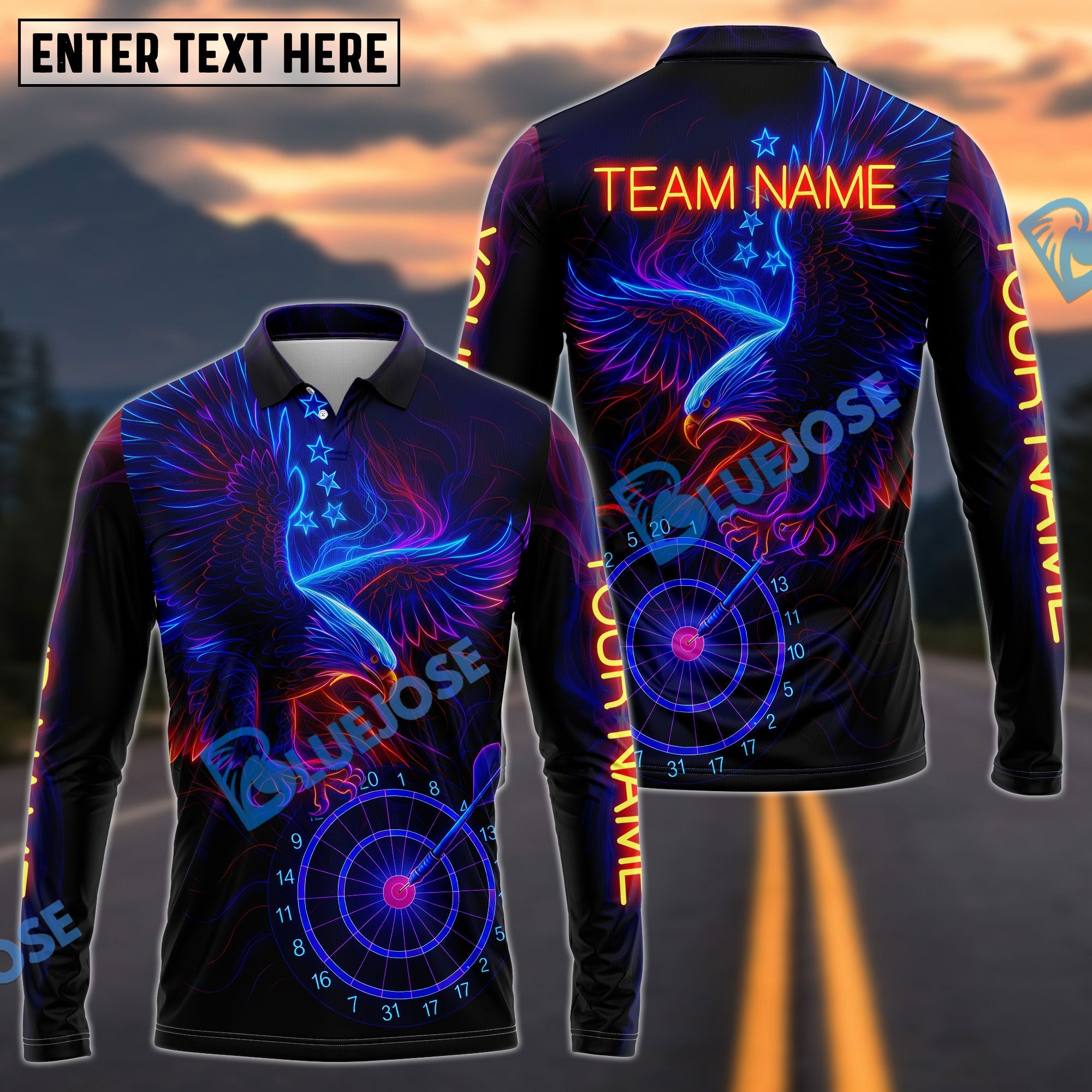 BlueJose Darts Eagle Neon Glow Personalized Name Long Sleeve Polo Shirt (4 Colors)