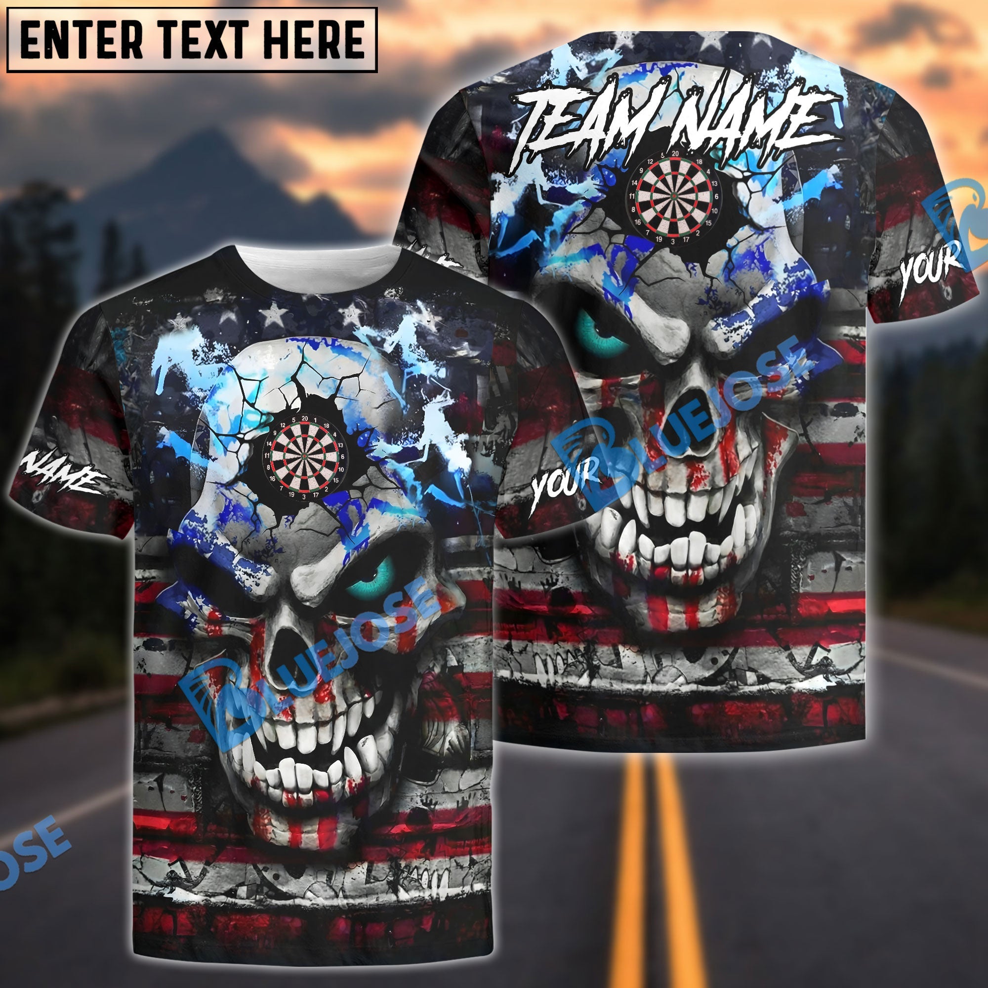 BlueJose Darts American Flag Skull Cracked Style Personalized Name Shirt