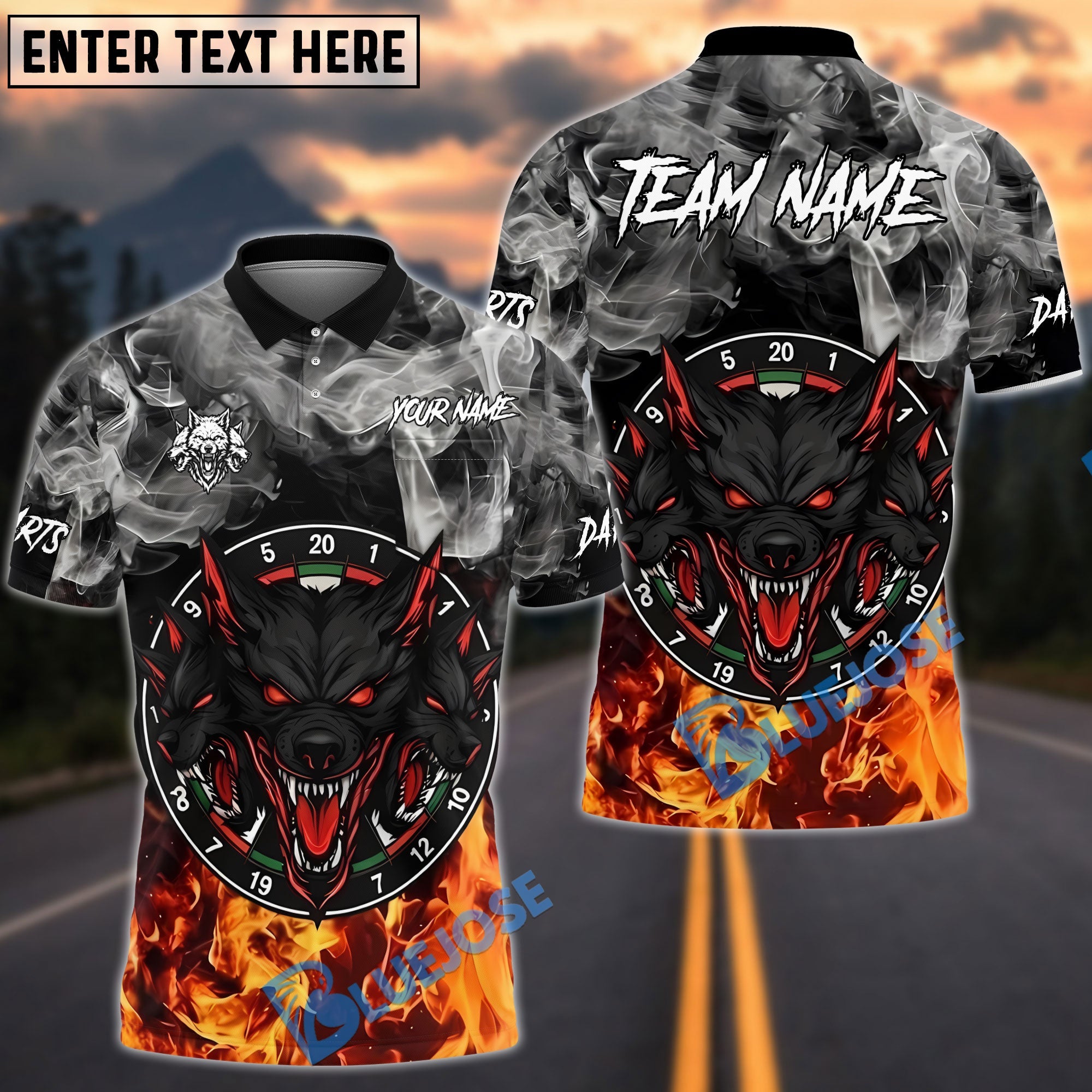BlueJose Darts Fierce Wolf Darts Flame Art Personalized Name, Team Name Unisex Shirt (4 Colors)