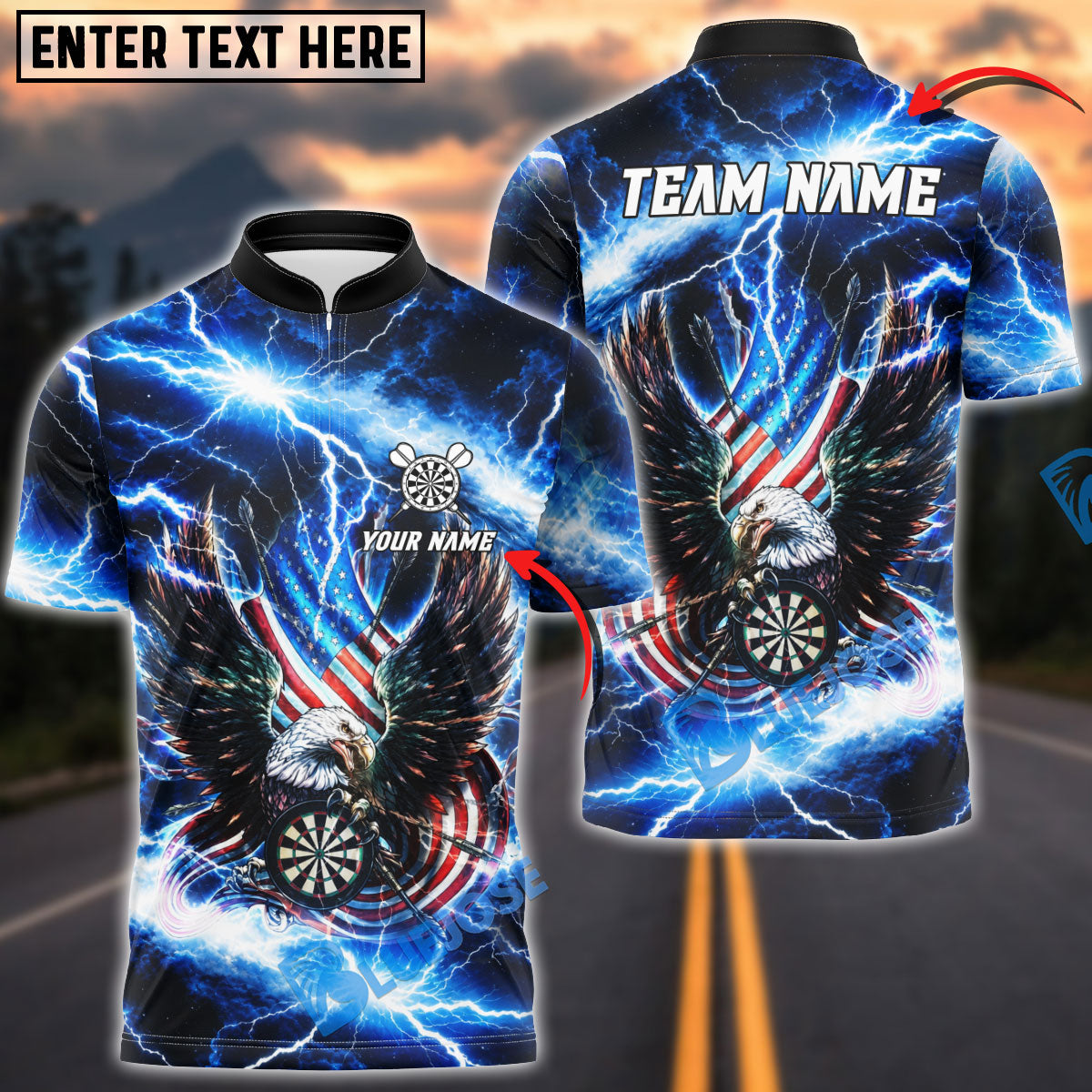 BlueJose Darts USA Flag Eagle Blue Lightning Personalized Name Shirt