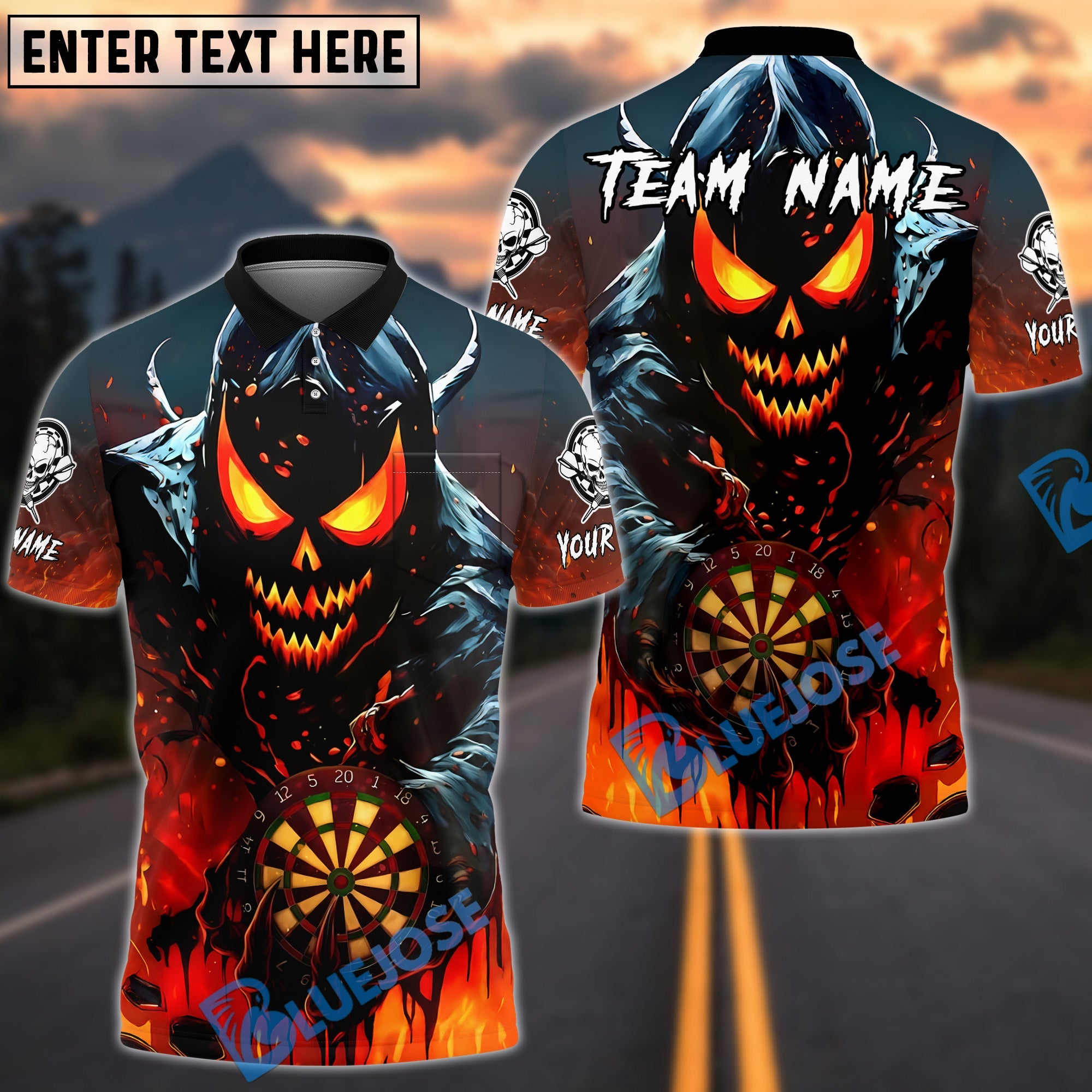 BlueJose Darts Flame Skull Dartboard Multicolor Options Personalized Name Shirt (4 Colors)