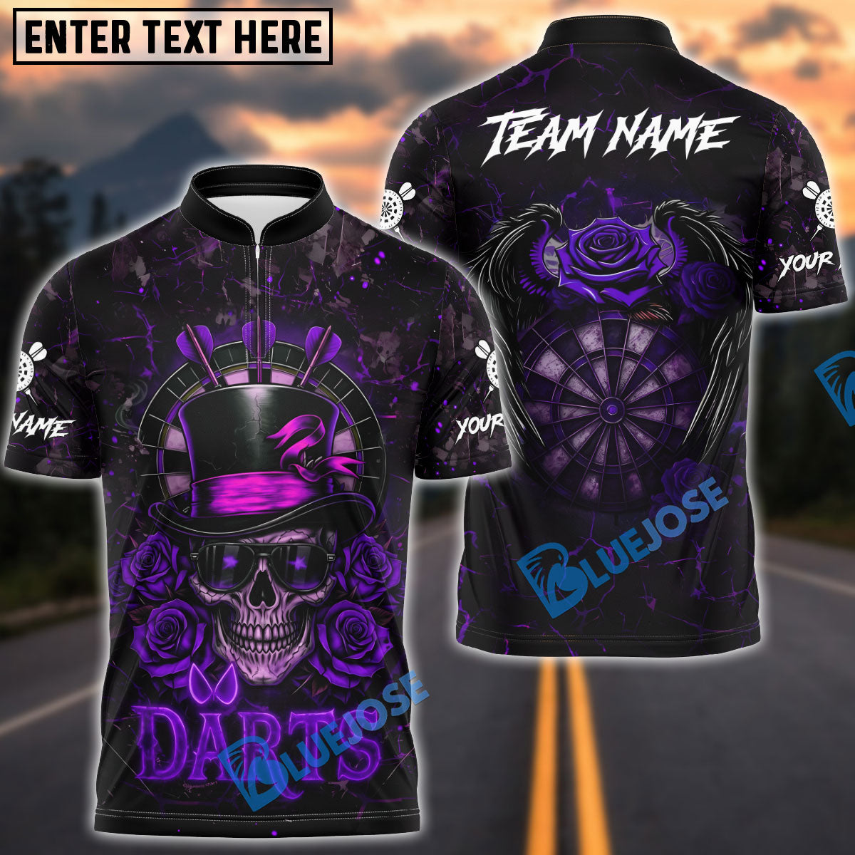 BlueJose Darts Skull Top Hat Roses Gothic Style Multicolor Options Personalized Name Shirt (4 Colors)