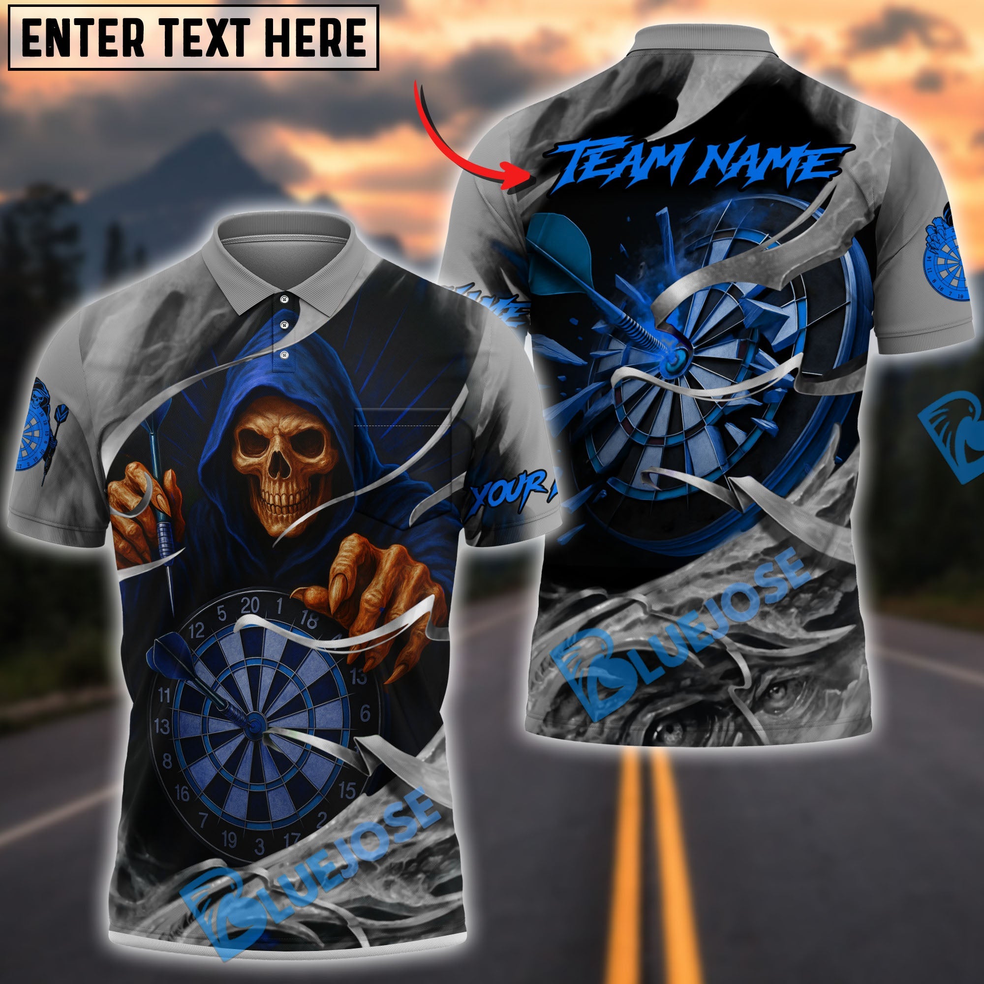 BlueJose Darts Grim Reaper Skull Dartboard Customized Name, Team Name 3D Shirt (4 Colors)