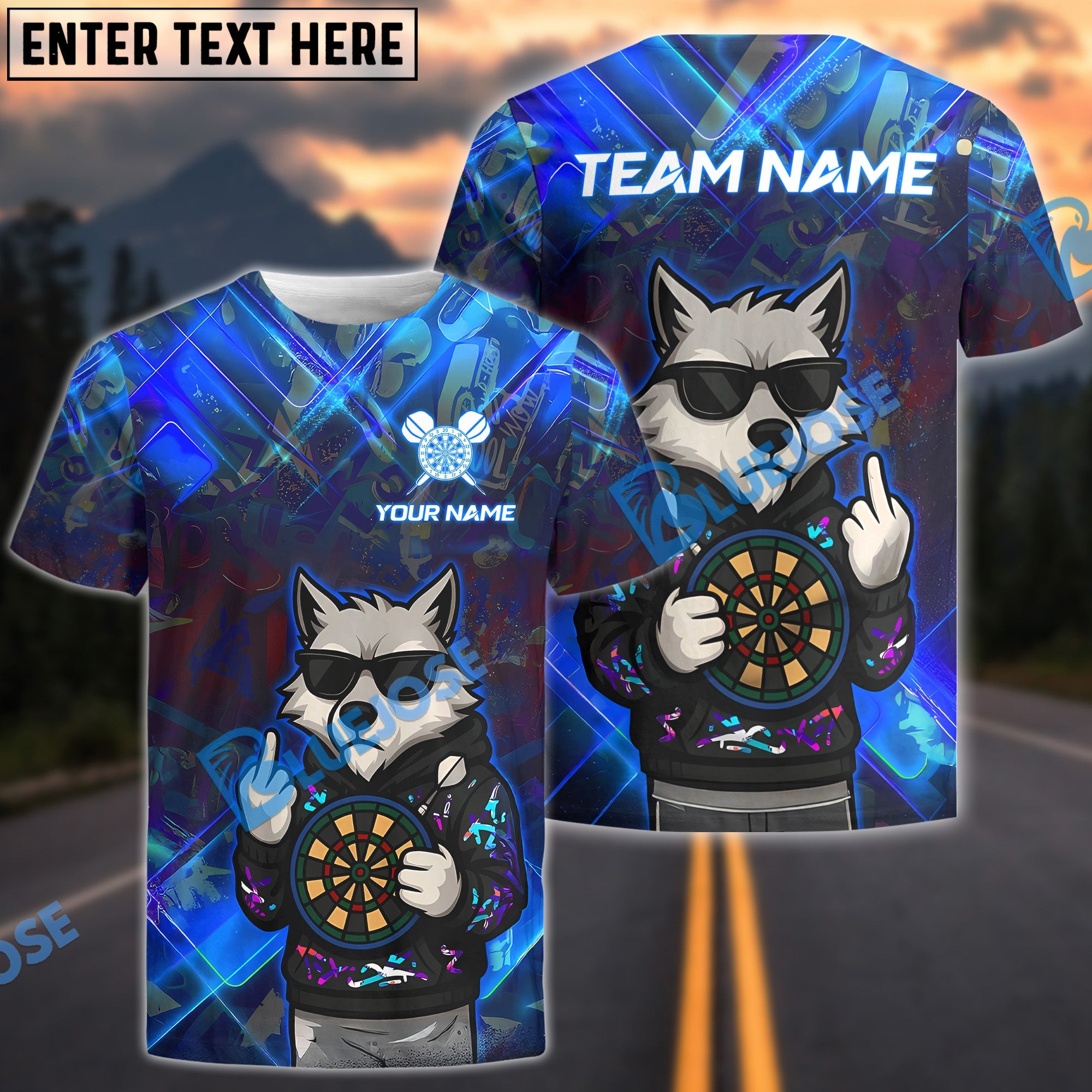 BlueJose Darts Wolf Graffiti Style Customized Name, Team Name 3D Shirt (4 Colors)