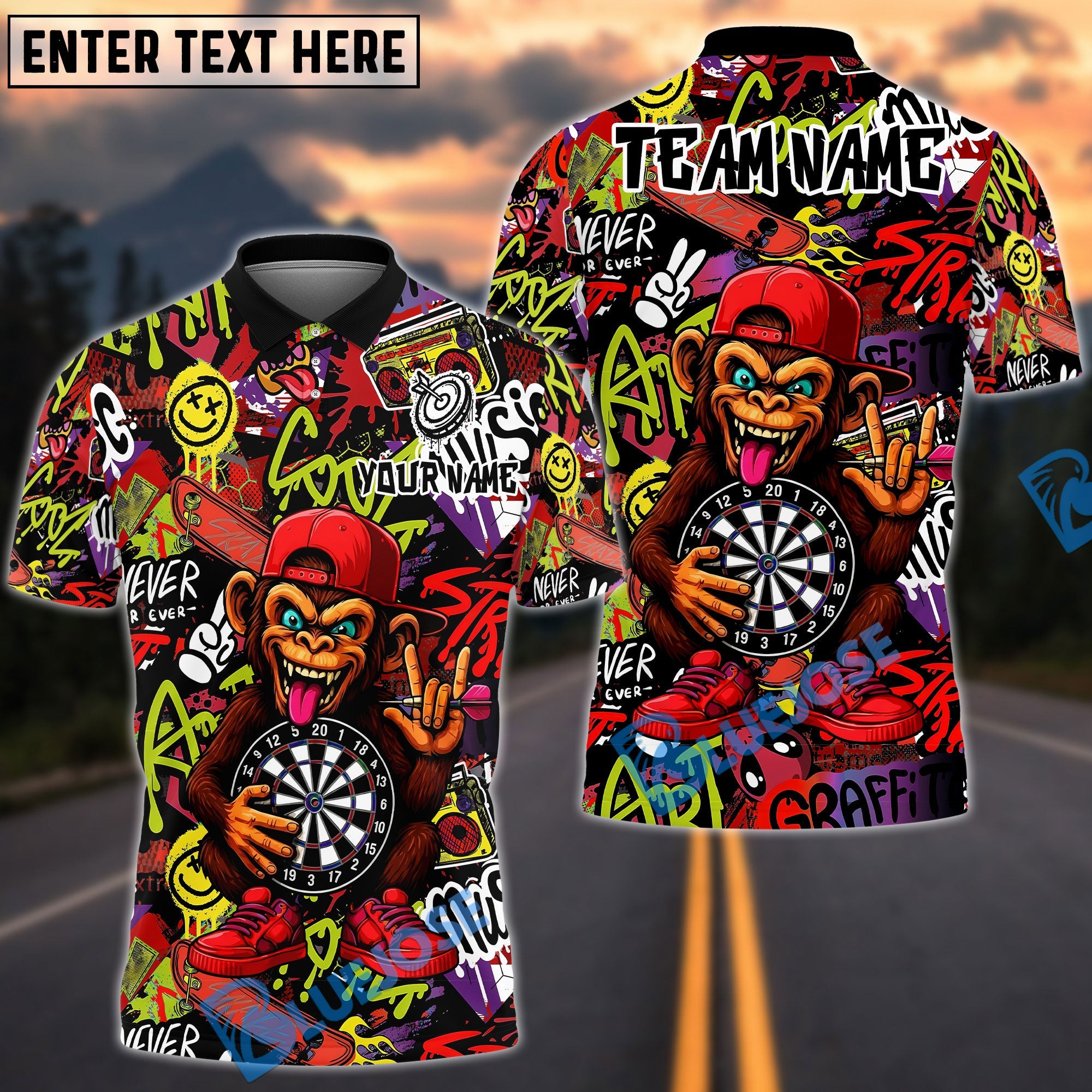 BlueJose Darts Funky Monkey Graffiti Customized Name, Team Name 3D Shirt (4 Colors)