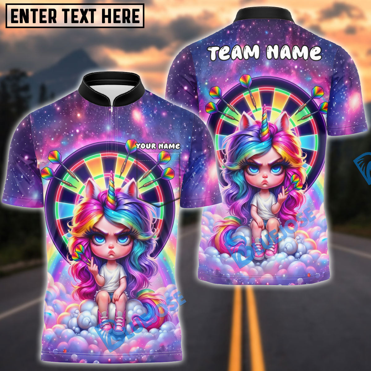 BlueJose Darts Dartboard Colorful Rainbow Unicorn Girl Galaxy Background Personalized Name Shirt