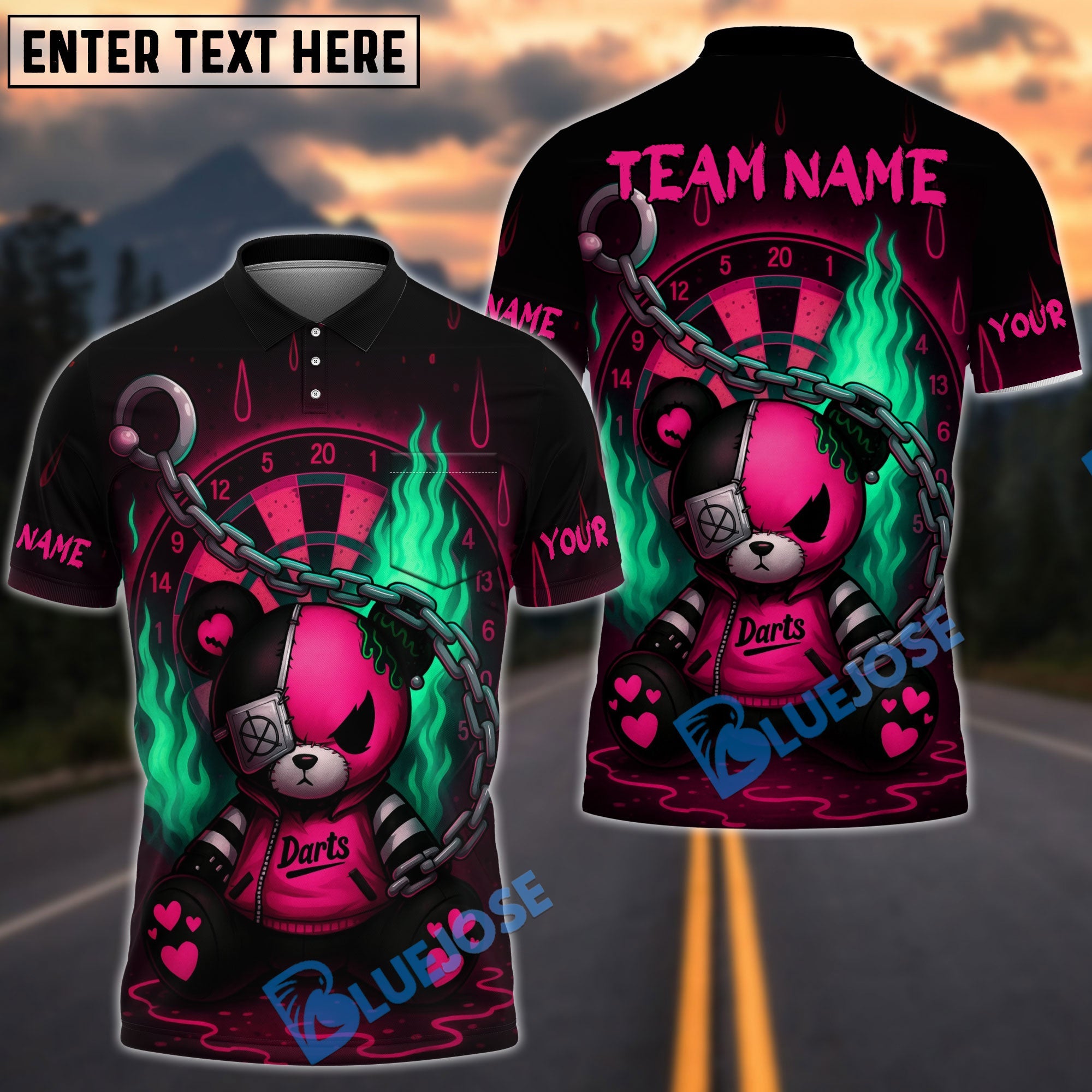 BlueJose Darts Teddy with Chains & Flames Personalized Name, Team Name Shirt (4 Colors)