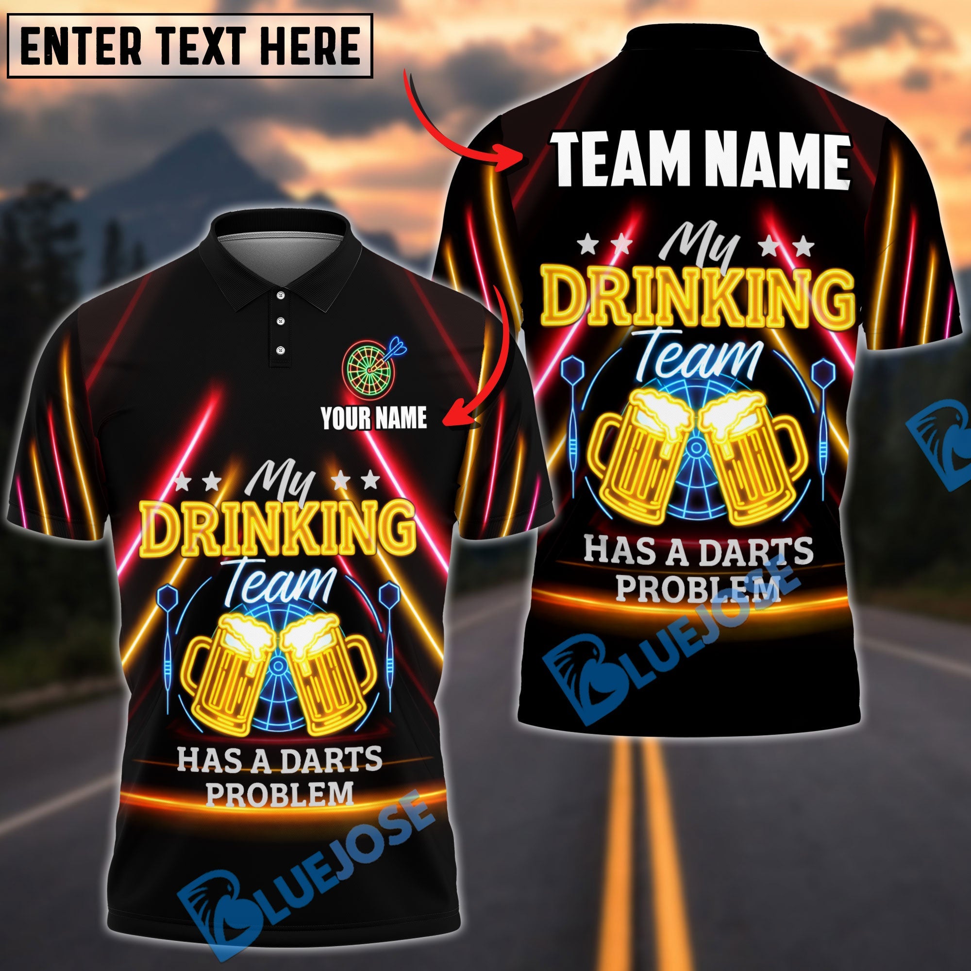 BlueJose Darts Beer Quote Shirt Neon Glow Design Customized Name, Team Name 3D Shirt (4 Colors)