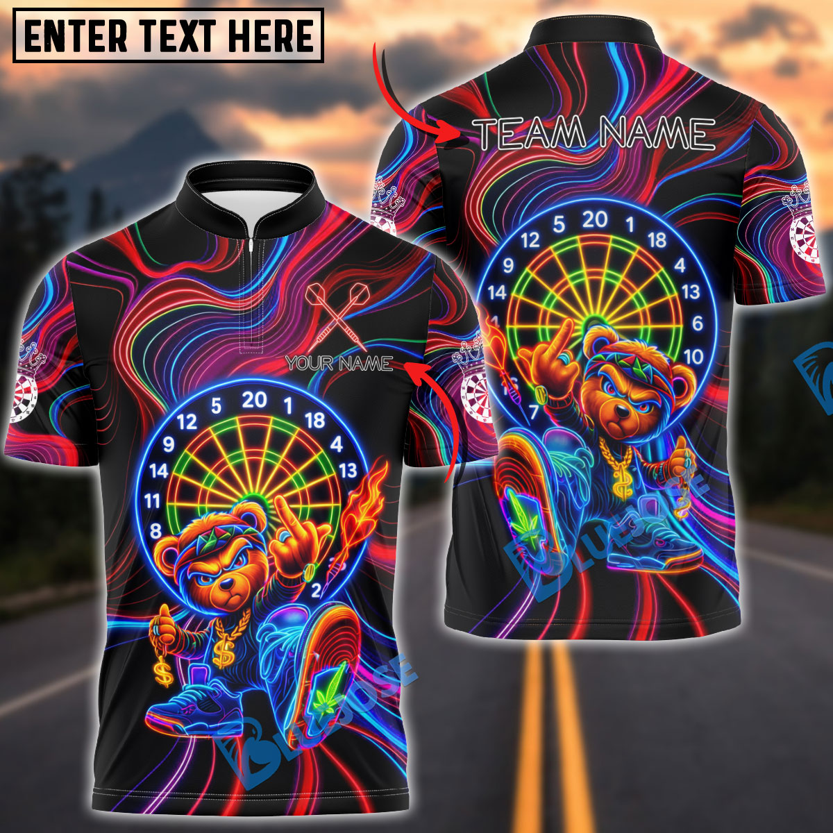 BlueJose Darts Neon Bear Dartboard Kick Pose Multicolor Options Personalized Name Shirt (4 Colors)