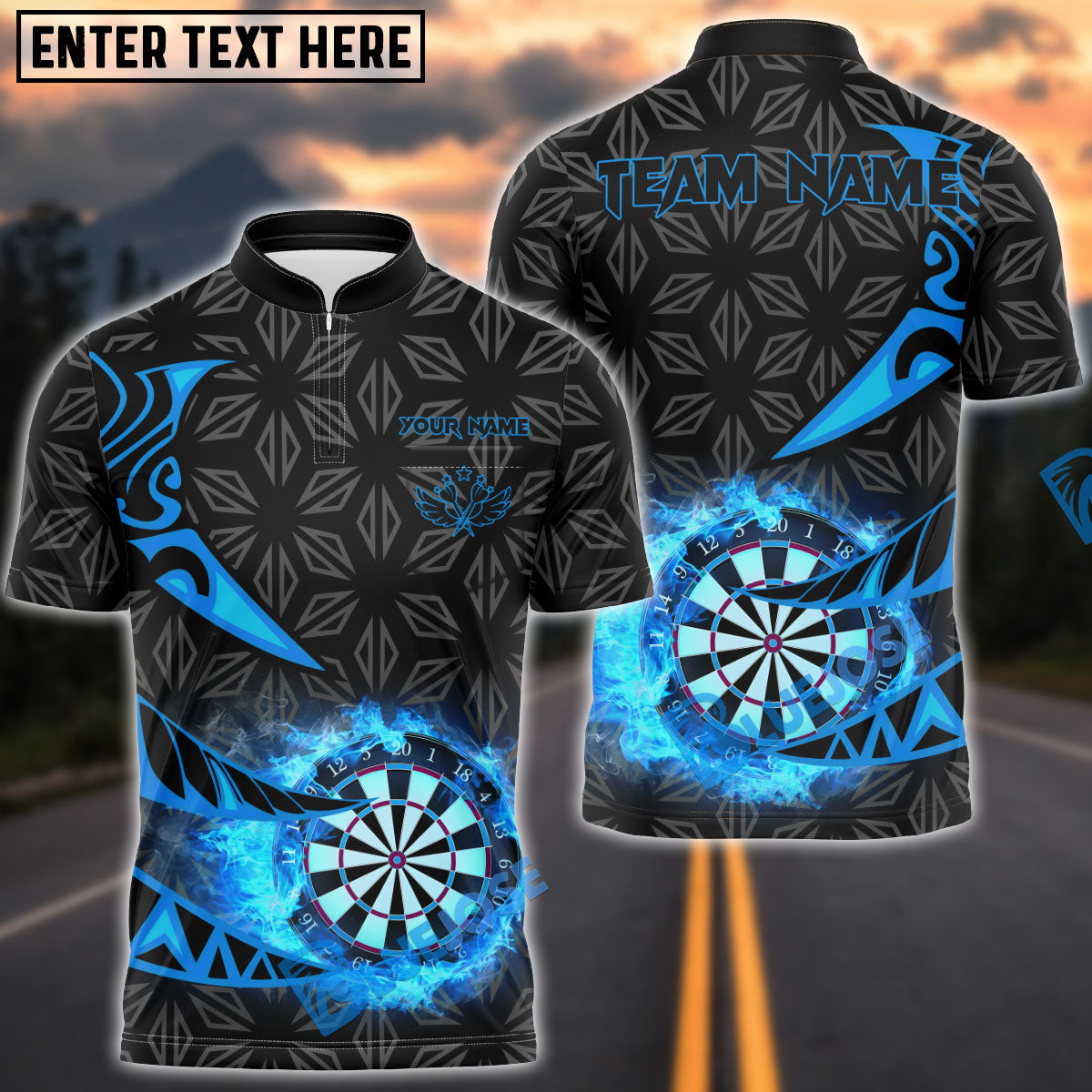 BlueJose Darts Flaming Dartboard Tribal Arrows Personalized Name, Team Name Shirt (4 Colors)