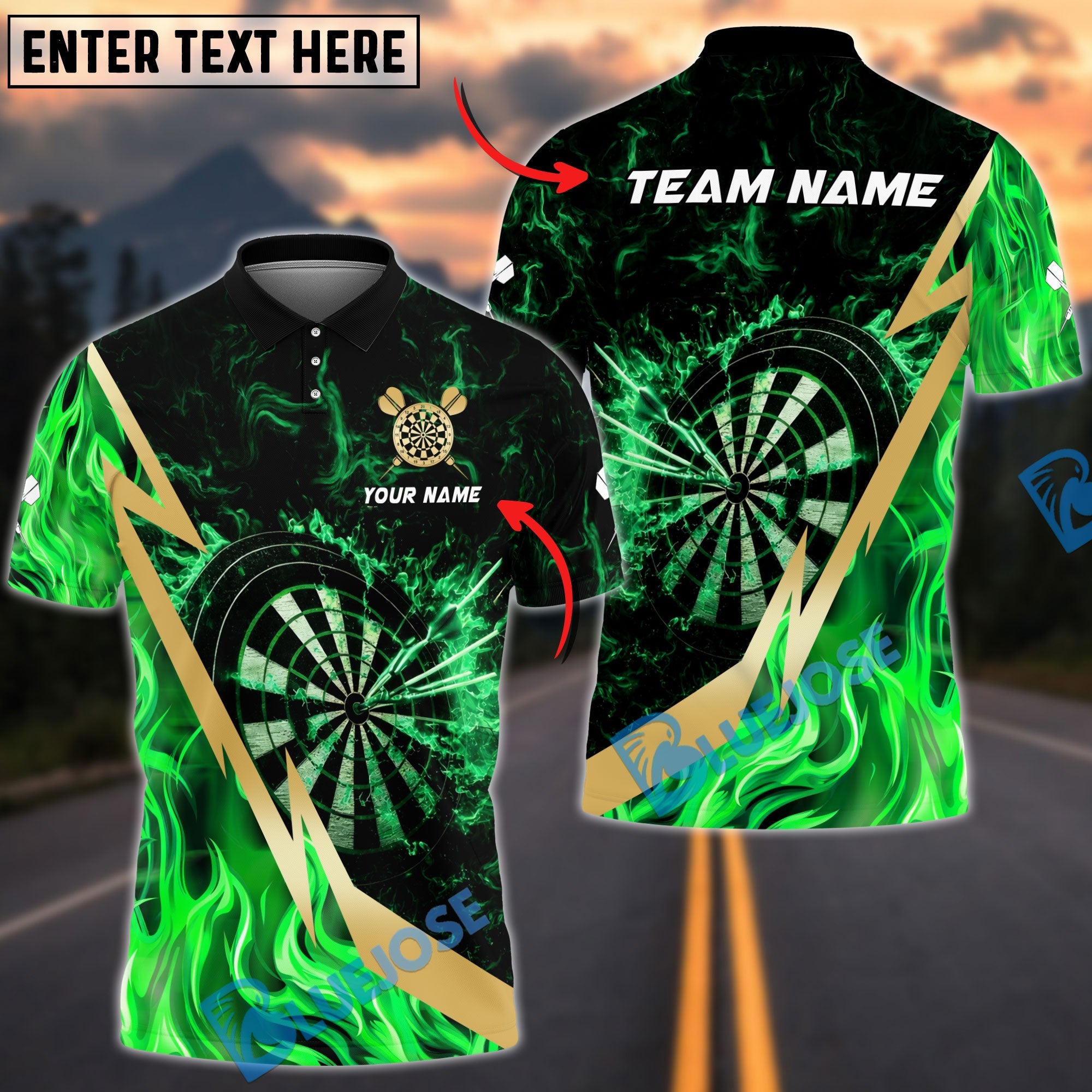 BlueJose Darts Inferno Dartboard Shirt Firestorm Lightning Slash Multicolor Options Personalized Name Shirt (4 Colors)