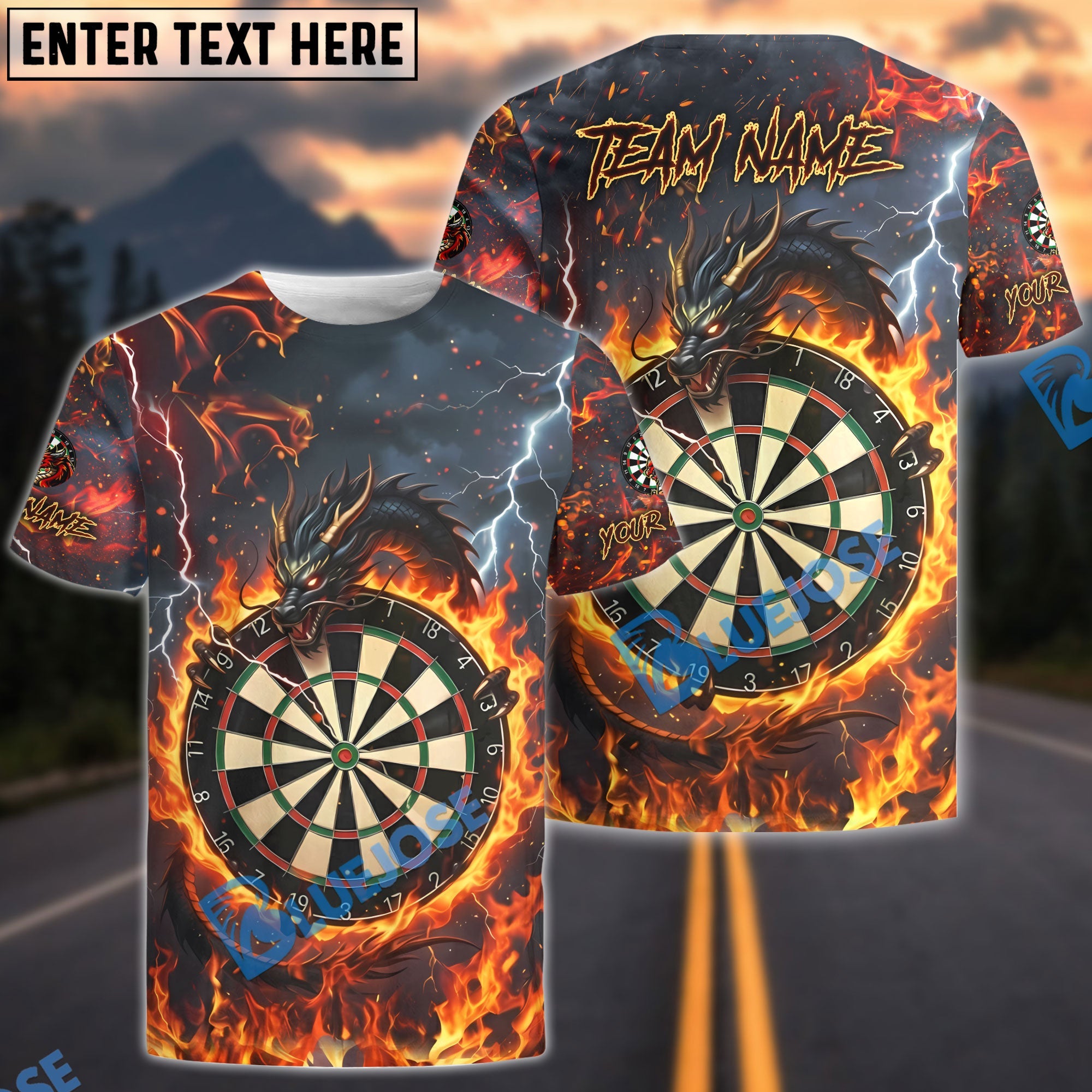 BlueJose Darts Fire Black Dragon & Dartboard Multicolor Options Personalized Name Shirt (4 Colors)