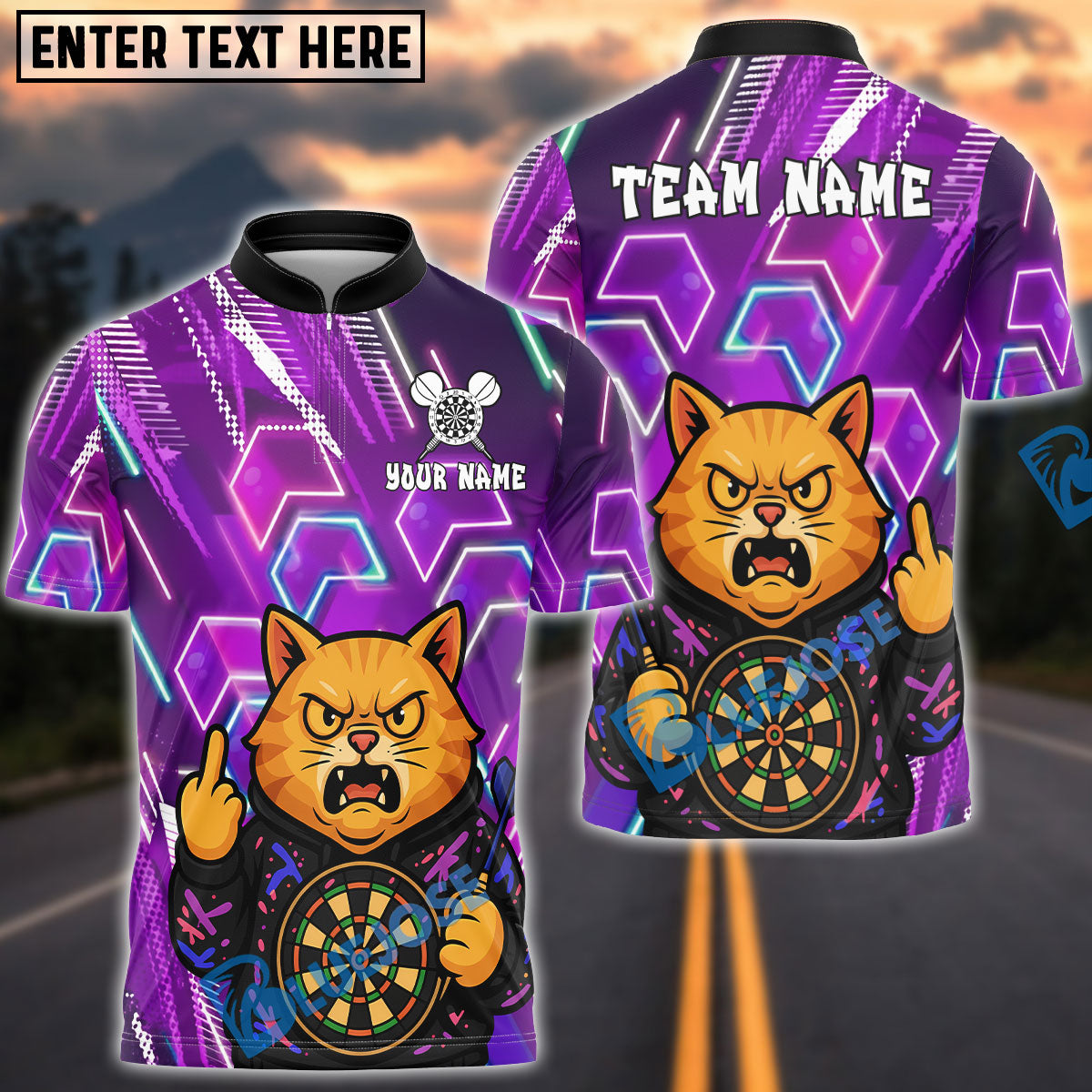 BlueJose Darts Cat Neon Angry Cat Customized Name, Team Name 3D Shirt (4 Colors)