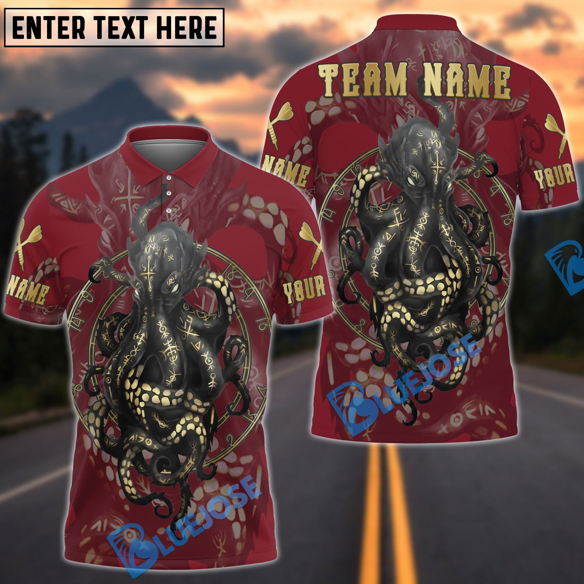 BlueJose Darts Dark Octopus Gold Rune Customized Name, Team Name 3D Shirt (4 Colors)