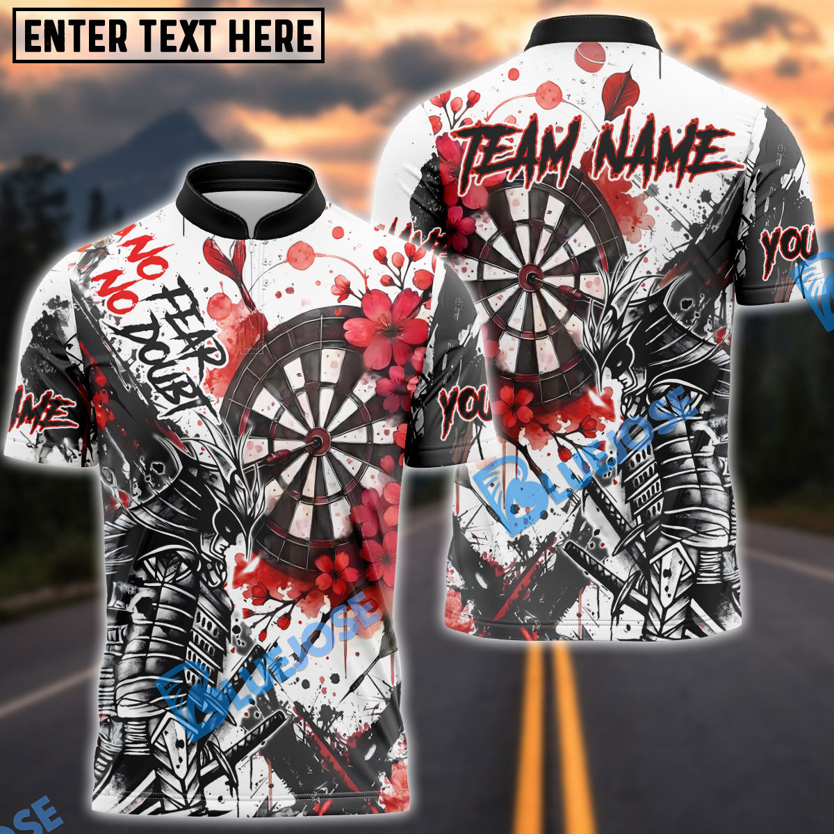 BlueJose Darts Samurai Warrior Cherry Blossom Design Personalized Name, Team Name Unisex Shirt (4 Colors)