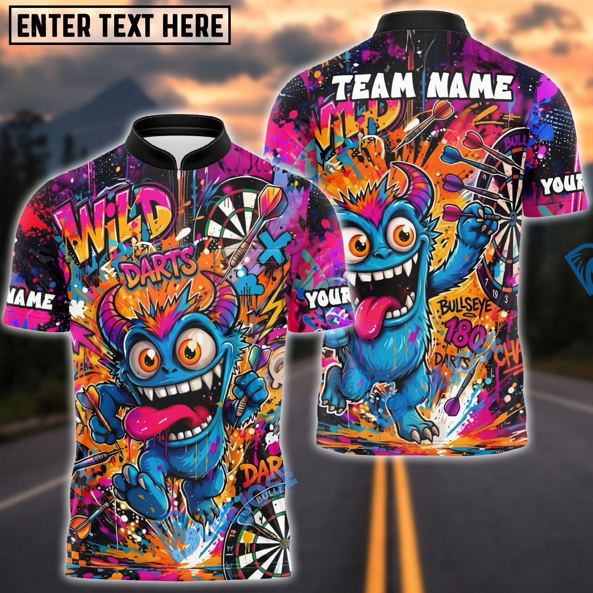 BlueJose Darts Crazy Monster Graffiti Personalized Name, Team Name Unisex Shirt (4 Colors)