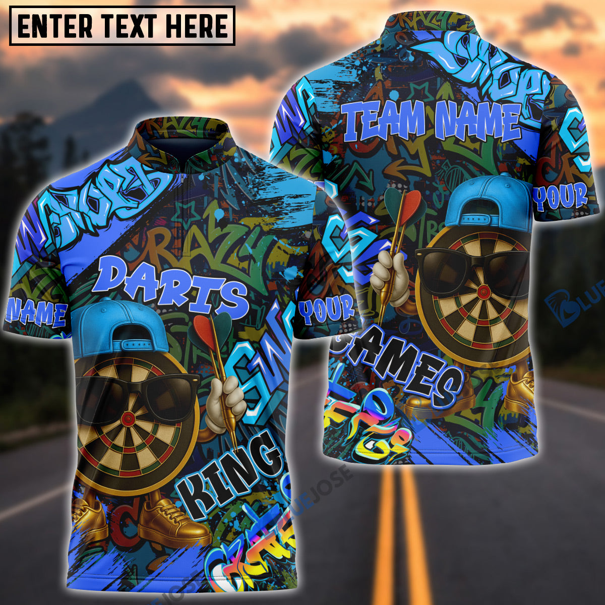 BlueJose Darts Funny Graffiti Cool Aim Crew Multicolor Options Personalized Name Shirt (4 Colors)