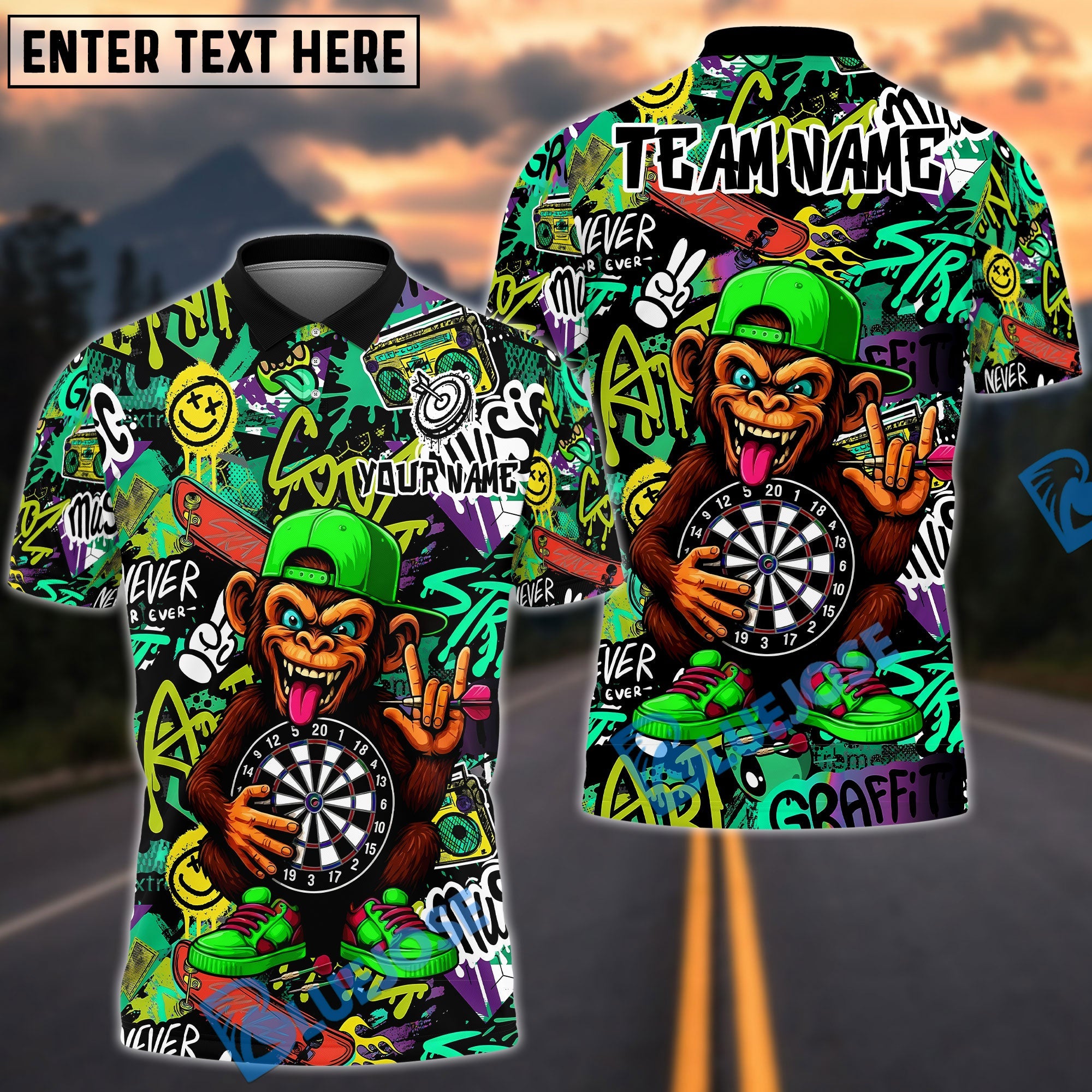 BlueJose Darts Funky Monkey Graffiti Customized Name, Team Name 3D Shirt (4 Colors)