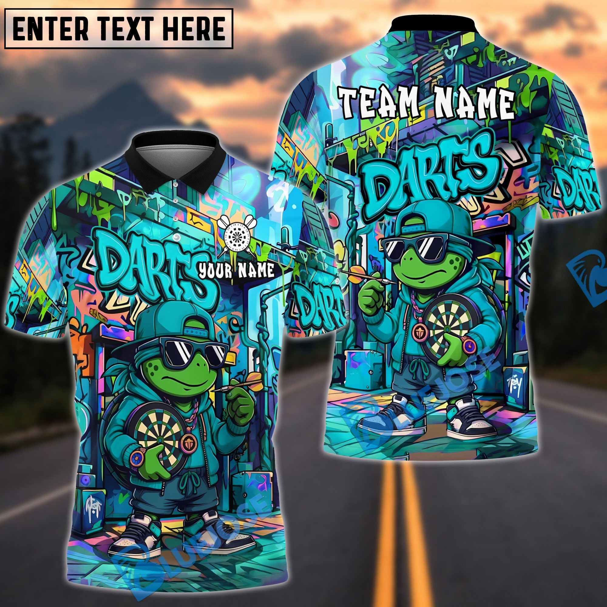 BlueJose Darts Cool Hip-Hop Turtle With Dartboard Design Personalized Name, Team Name Unisex Shirt (4 Colors)