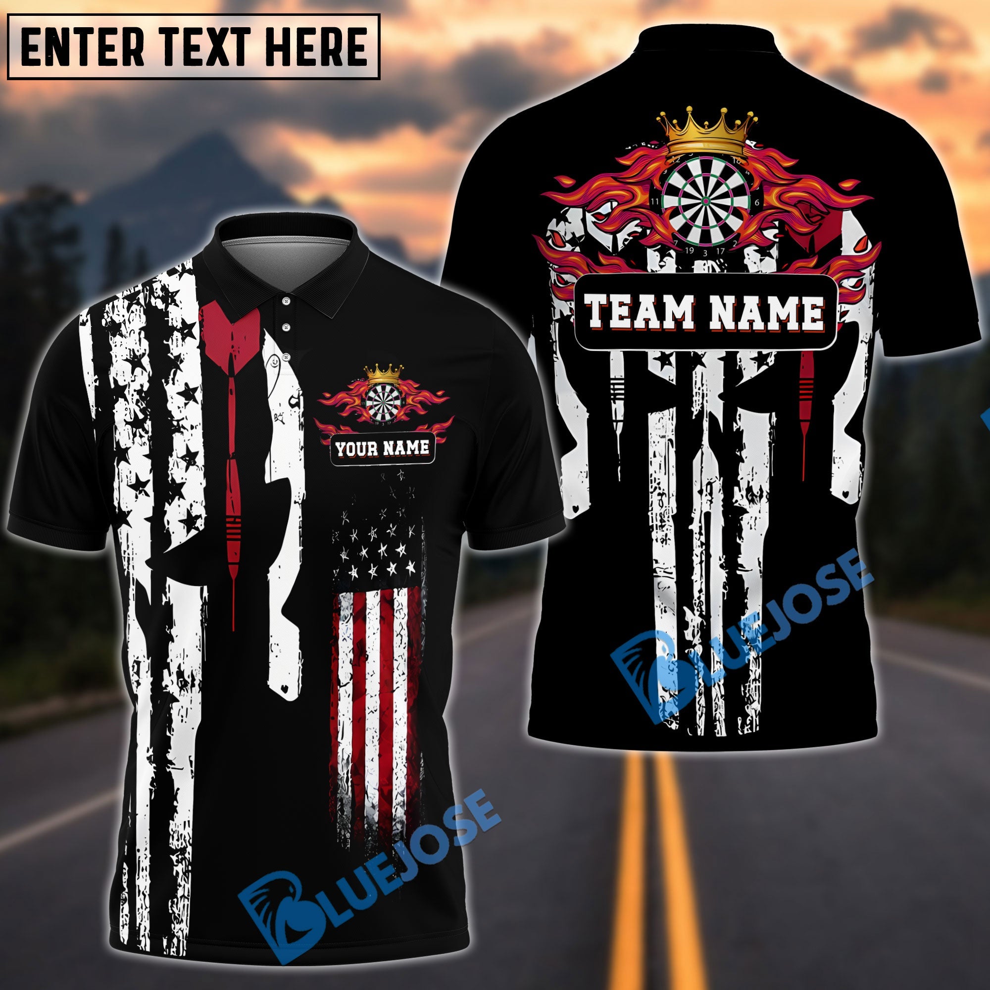 BlueJose Darts American Flag Punisher Flaming Personalized Name Shirt