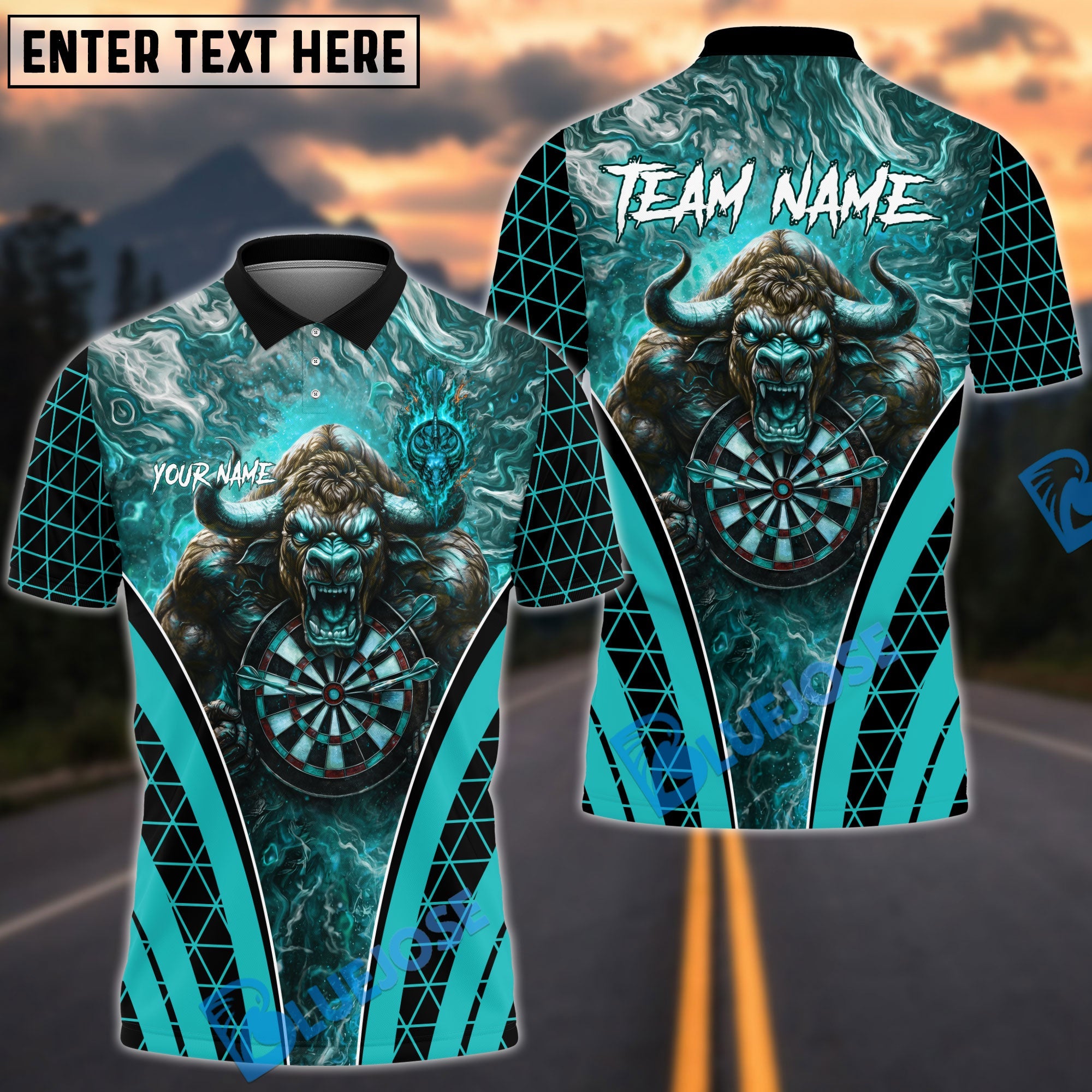 BlueJose Darts Bull Head Flames Customized Name, Team Name 3D Shirt (4 Colors)