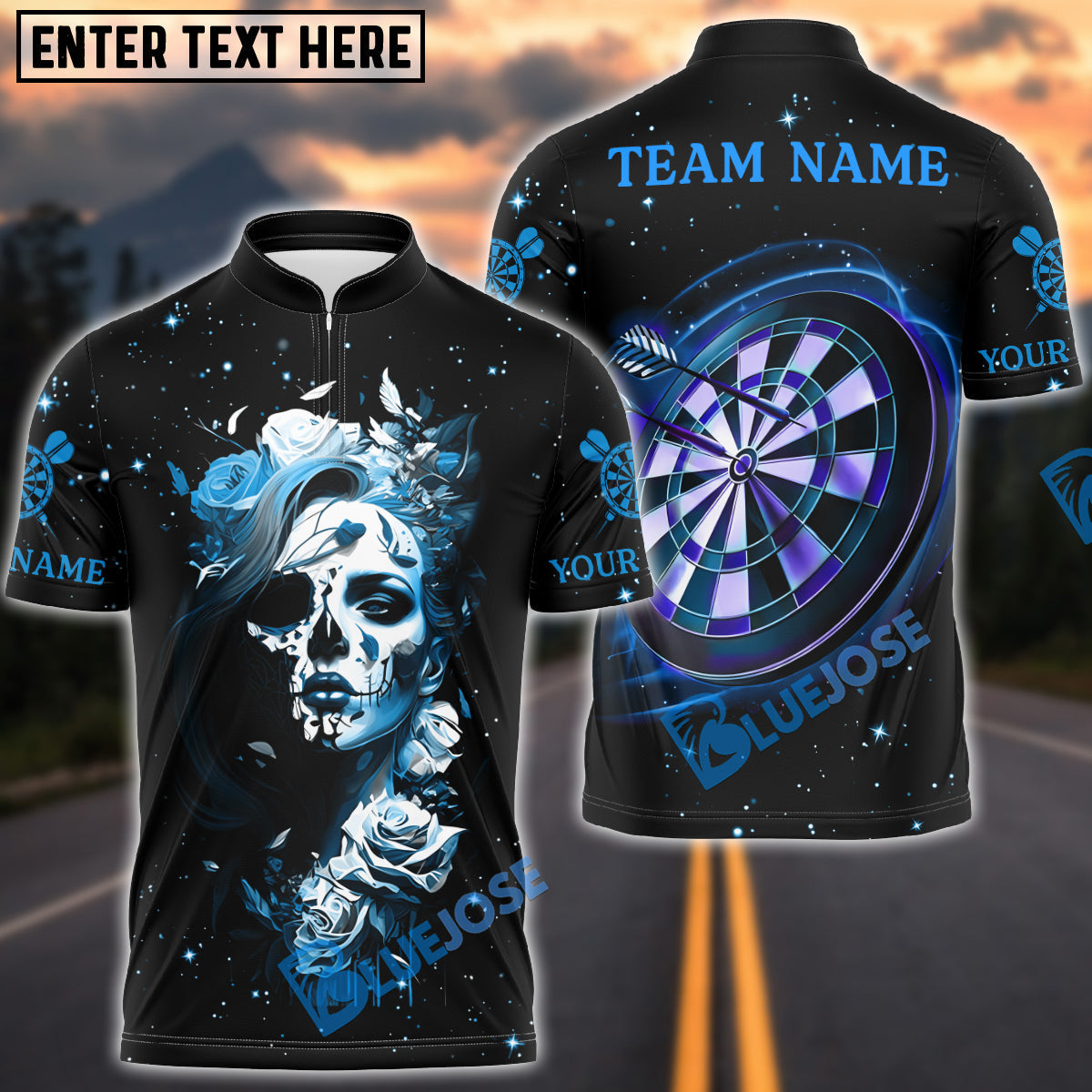 BlueJose Darts Rose Reaper Neon Skull Girl Customized Name, Team Name 3D Shirt (4 Colors)