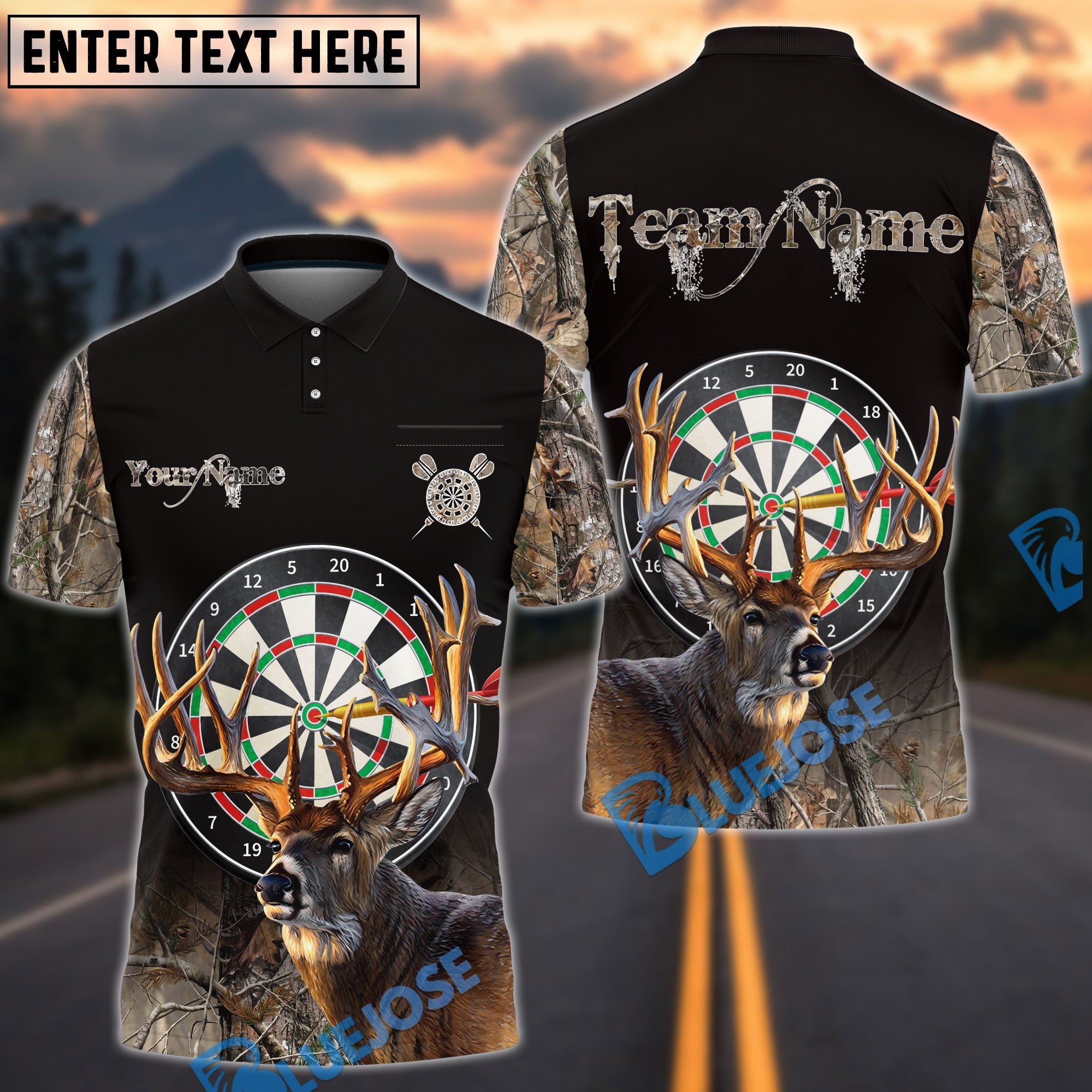 BlueJose Darts Deer Hunting Camo Multicolor Options Personalized Name Shirt (4 Colors)
