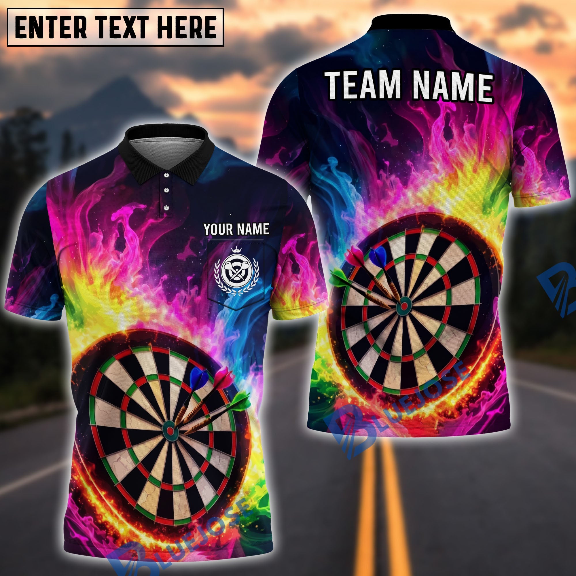 BlueJose Darts Rainbow Smoke Dartboard Personalized Name Shirt