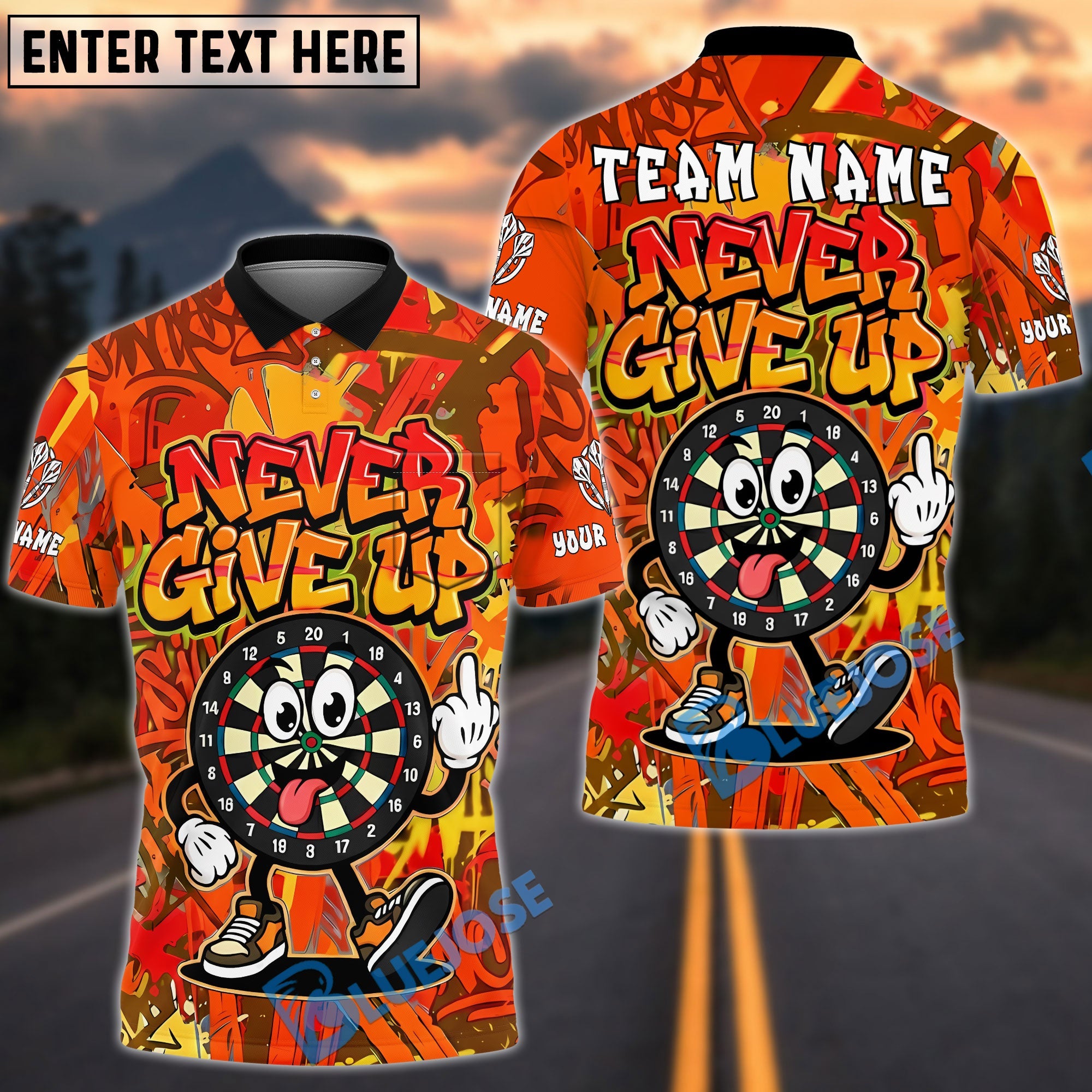 BlueJose Darts Never Give Up Dartboard Cartoon Fukin Graffiti Multicolor Options Personalized Name Shirt (4 Colors)