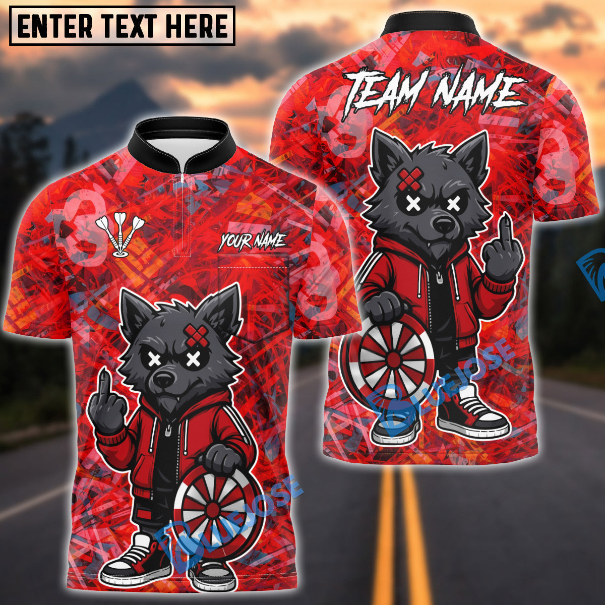 BlueJose Darts Cartoon Wolf Graffiti Personalized Name, Team Name Unisex Shirt (4 Colors)