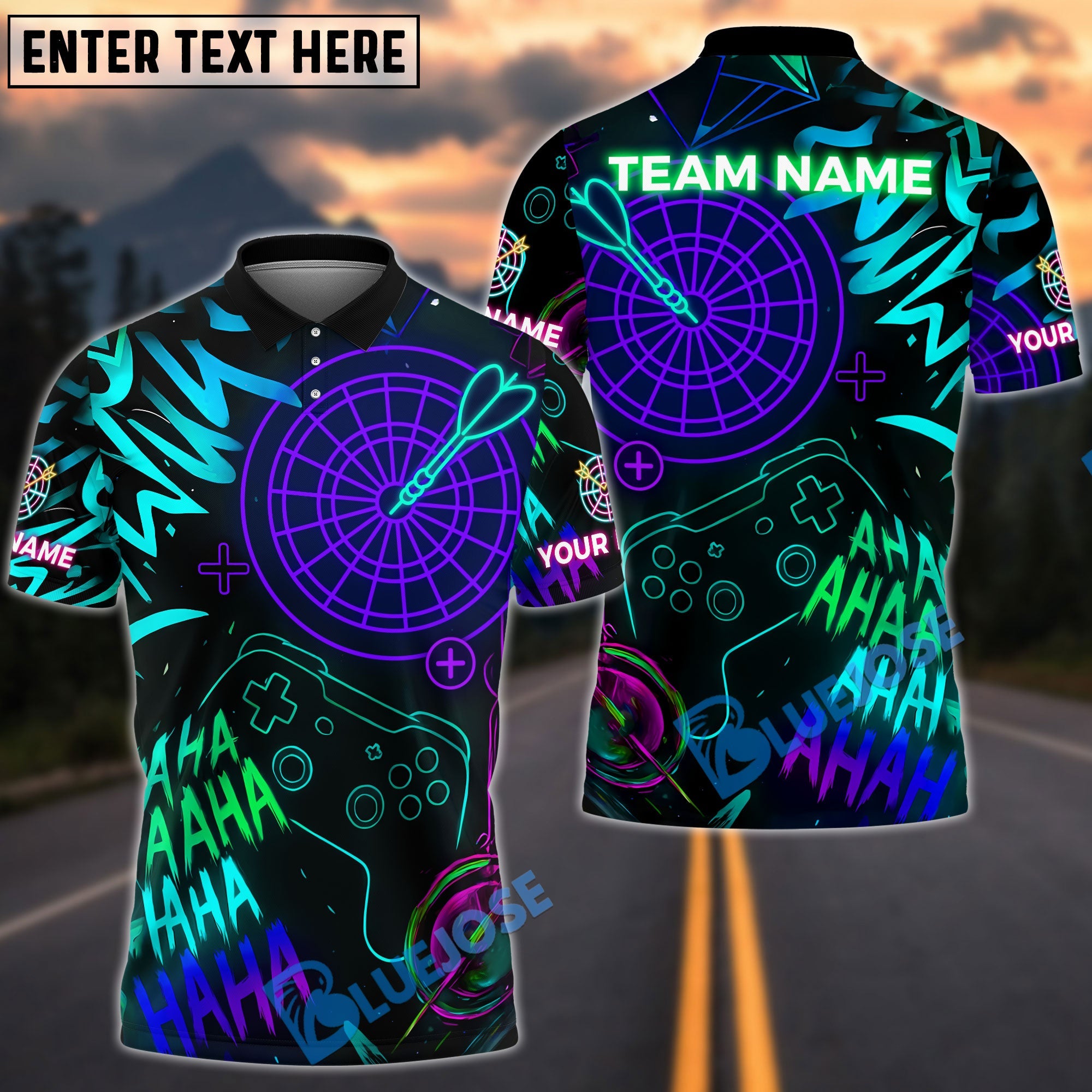 BlueJose Darts Neon Gamer Style Customized Name, Team Name 3D Shirt (4 Colors)