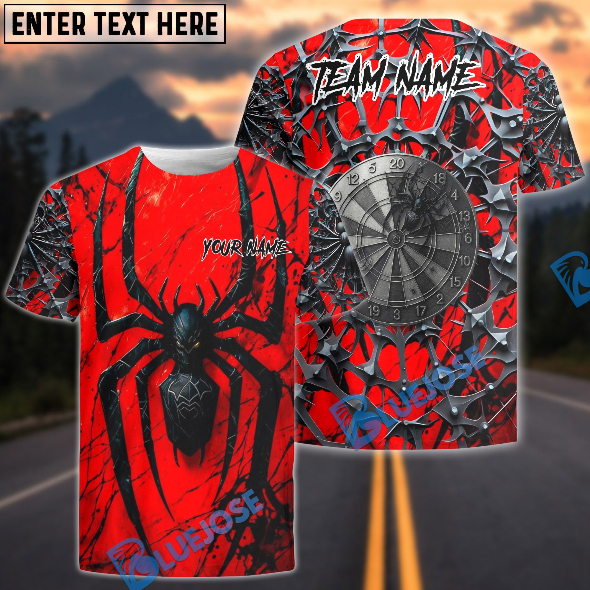 BlueJose Darts Black Widow Spider Web 2 Multicolor Options Personalized Name Shirt (4 Colors)