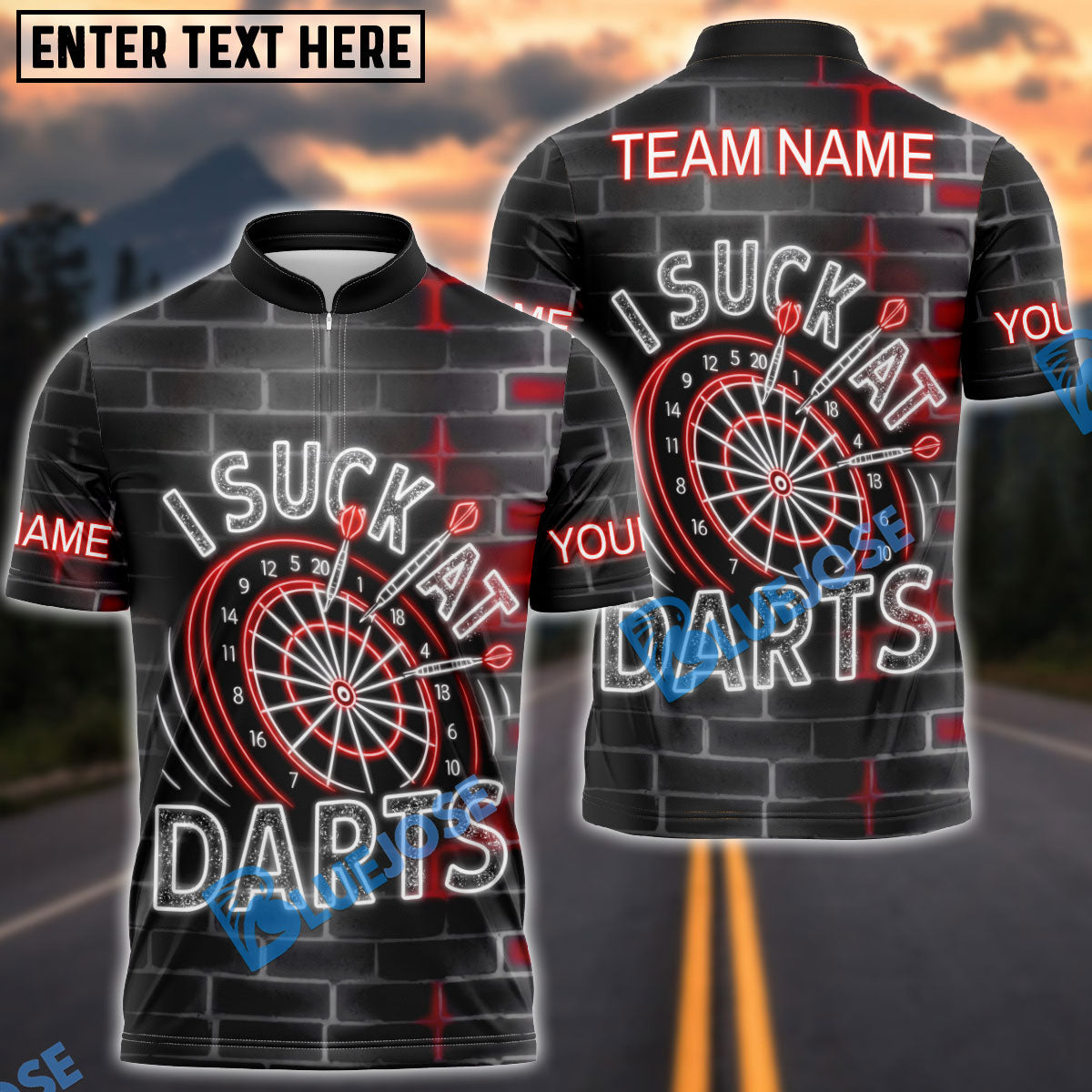 BlueJose Darts I Suck At Darts Neon Quote Design Personalized Name Shirt