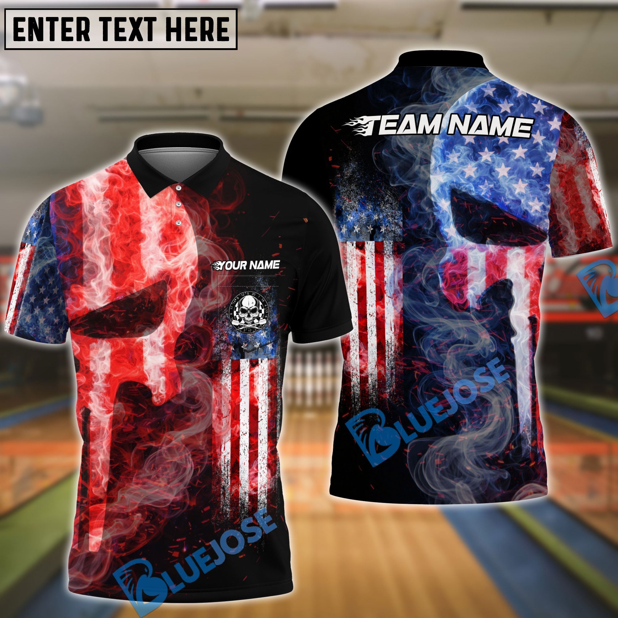 BlueJose Darts USA Dartboard Fire Smoke Punisher Skull Design Personalized Name Shirt