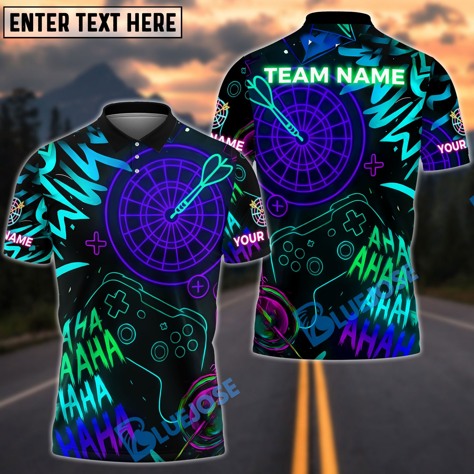 BlueJose Darts Neon Gamer Style Customized Name, Team Name 3D Shirt (4 Colors)