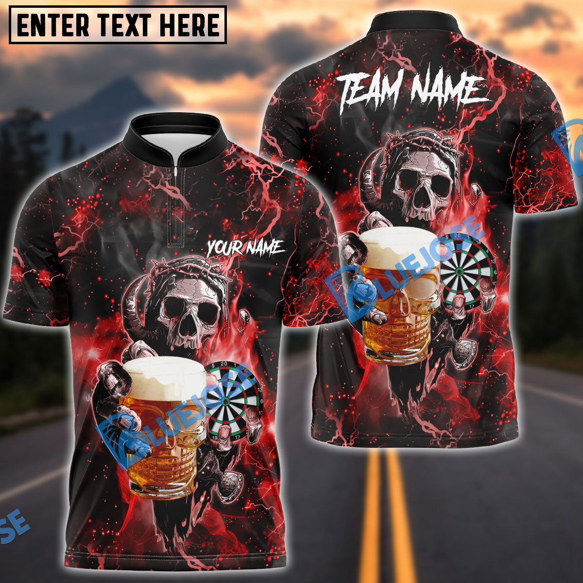BlueJose Darts Fire Skull Beer Personalized Name, Team Name Shirt (6 Colors)