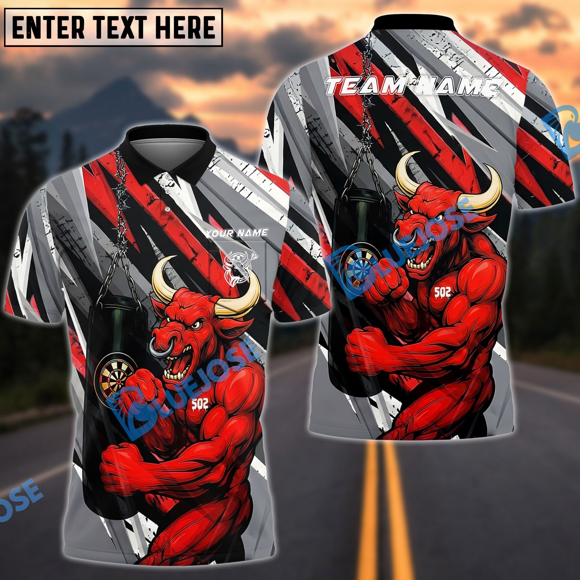 BlueJose Darts Red Bull Dartboard Fighter Strength Customized Name, Team Name 3D Shirt (4 Colors)