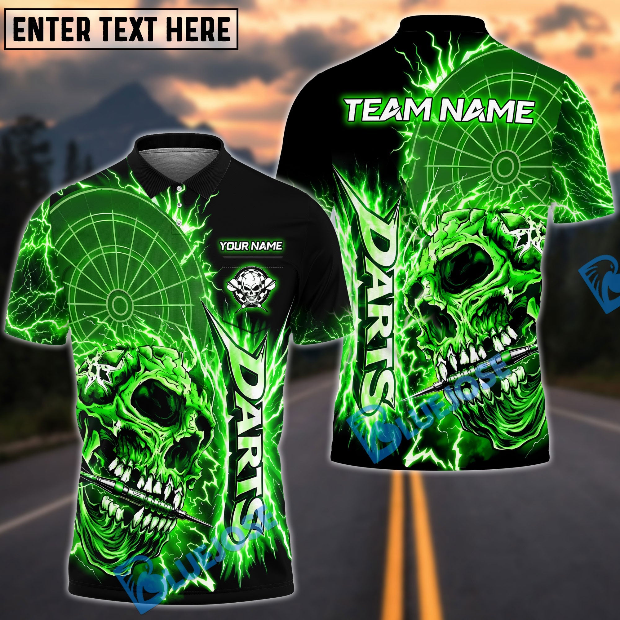 BlueJose Darts Rampage Thunder Skull Dartboard Design Personalized Name, Team Name Unisex Shirt (4 Colors)