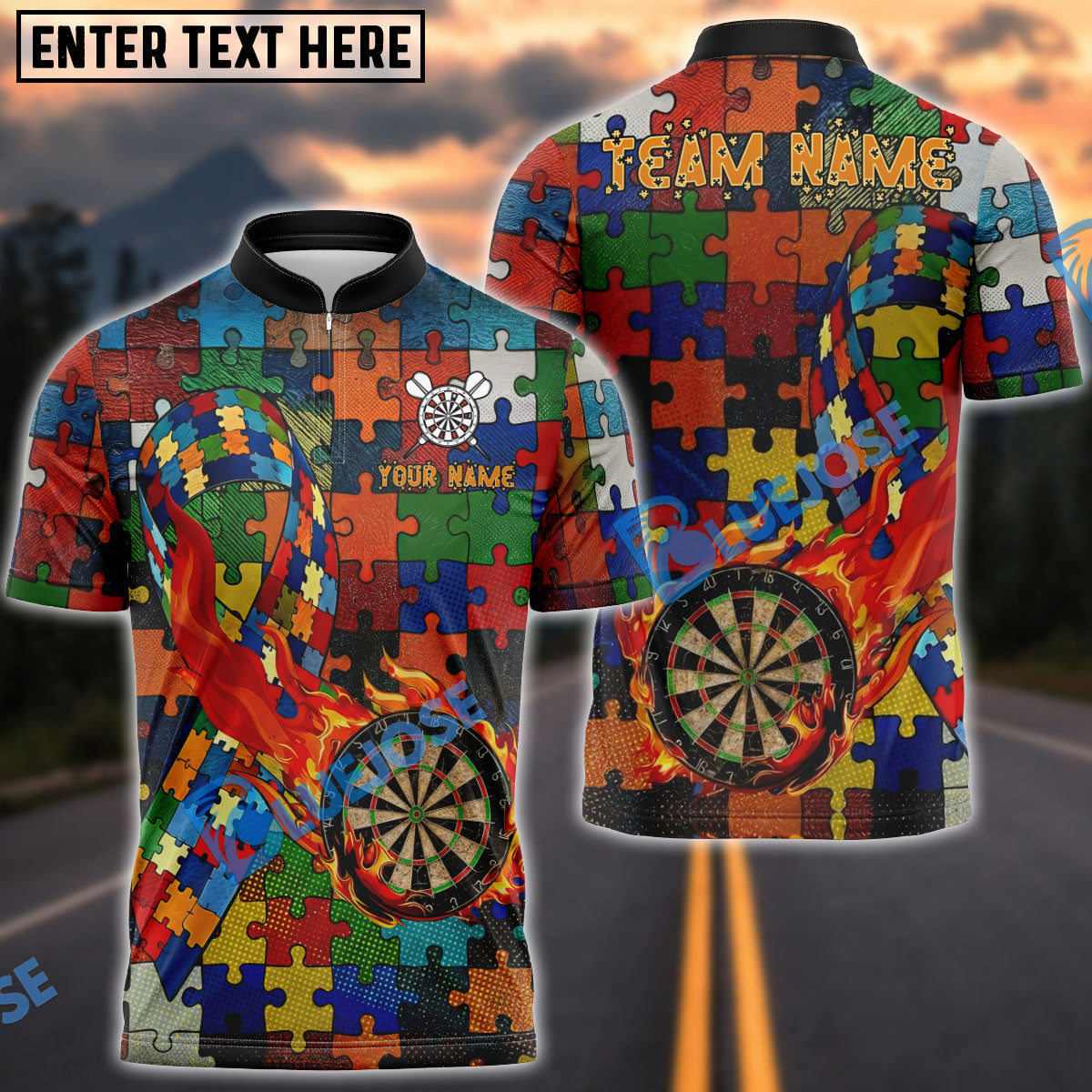 BlueJose Darts Puzzle Pattern Flaming Target Autism Awareness Personalized Name Shirt