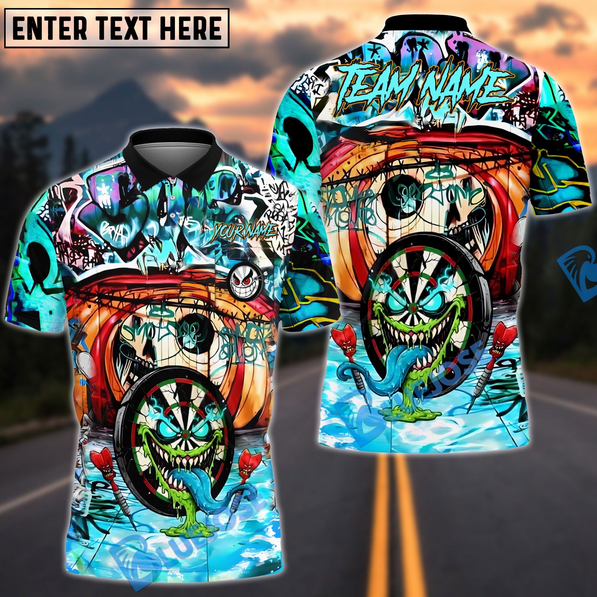 BlueJose Darts Graffiti Crazy Face Customized Name, Team Name 3D Shirt (4 Colors)