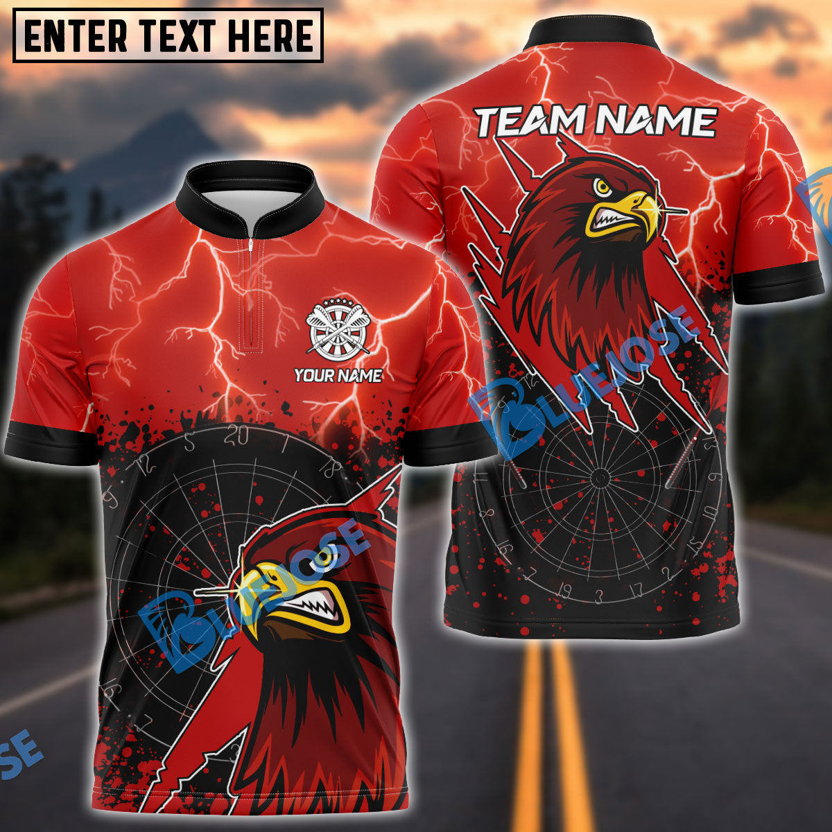 BlueJose Darts Dartboard Hawk With Lightning Personalized Name, Team Name Shirt (4 Colors)
