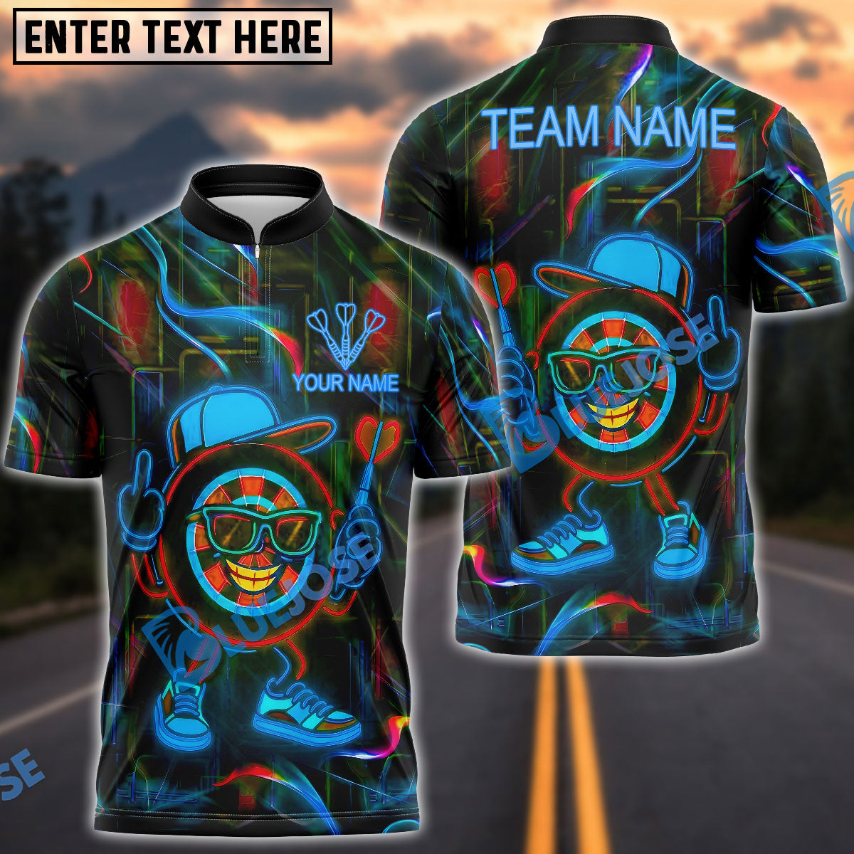 BlueJose Darts Neon Dartboard Swag Personalized Name, Team Name Shirt (4 Colors)