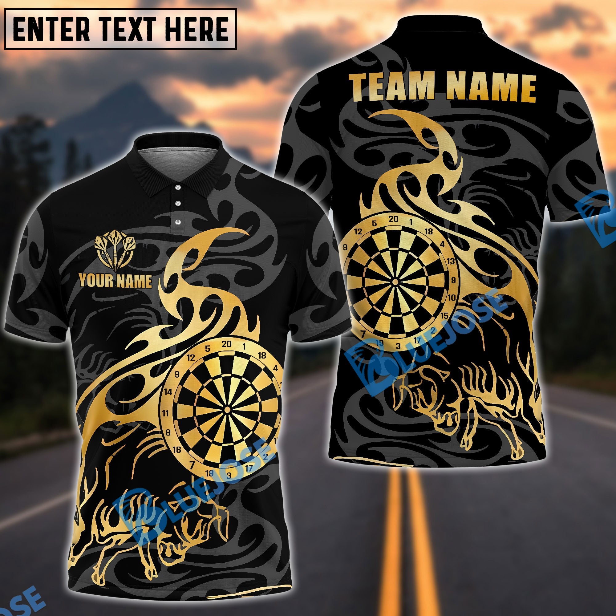 BlueJose Darts Golden Bull Tribal Flame Customized Name, Team Name 3D Shirt (4 Colors)