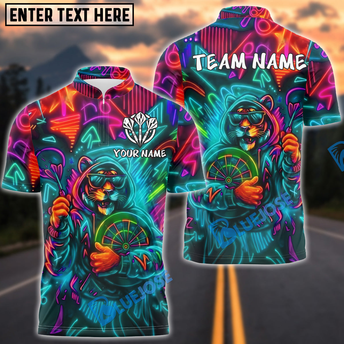 BlueJose Darts Neon Tiger Hoodie Graffiti Customized Name, Team Name 3D Shirt (4 Colors)