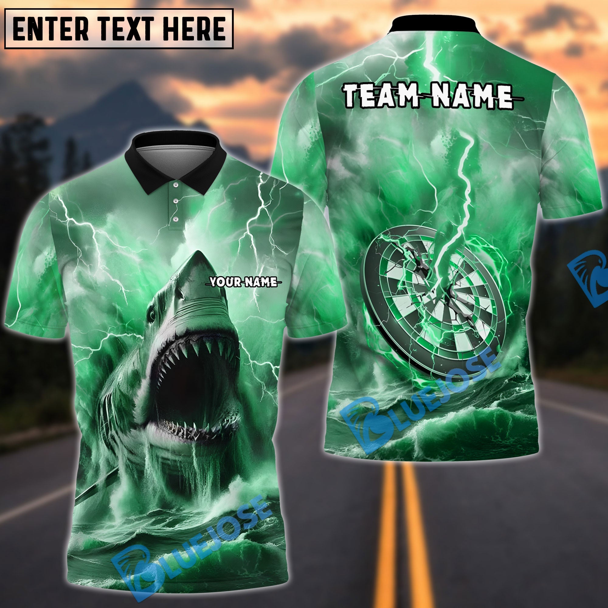 BlueJose Darts Shark and Lightning Customized Name, Team Name 3D Shirt (4 Colors)