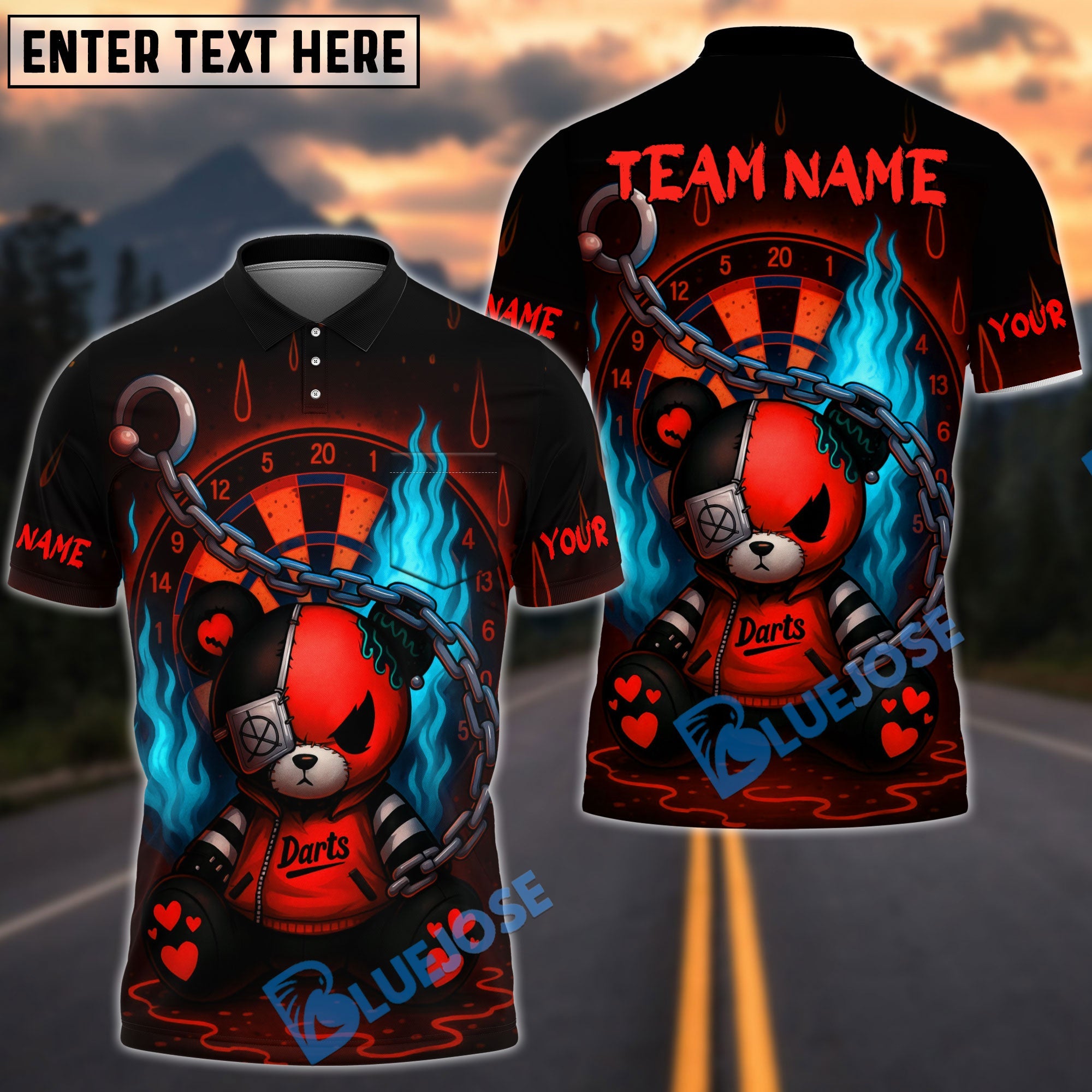 BlueJose Darts Teddy with Chains & Flames Personalized Name, Team Name Shirt (4 Colors)