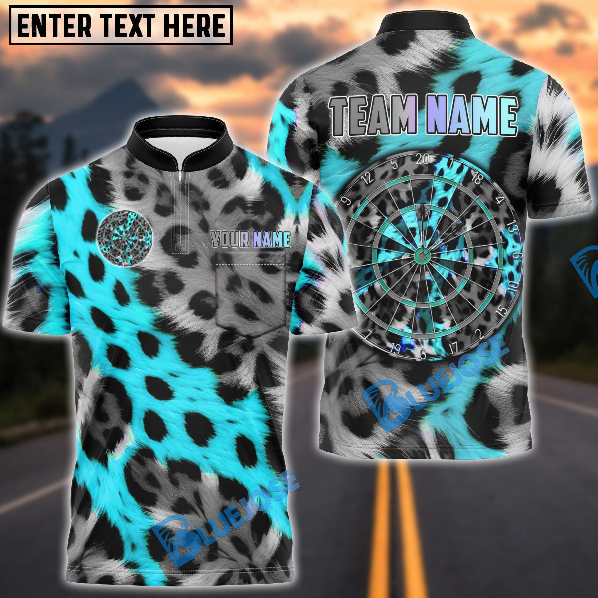 BlueJose Darts Neon Leopard Print Darboard Graphic Multicolor Options Personalized Name Shirt (6 Colors)