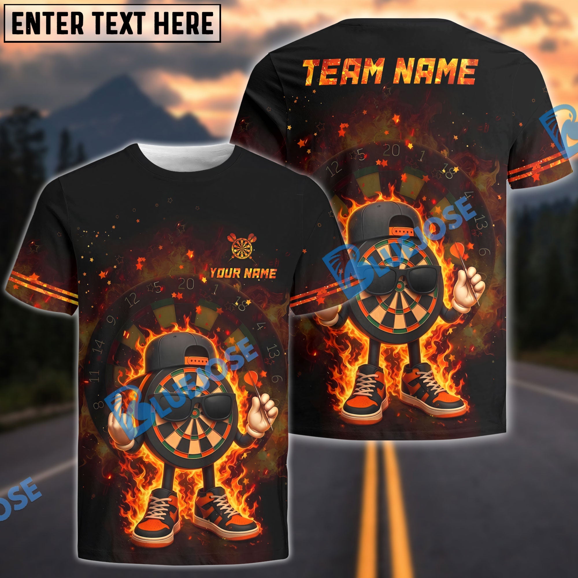 BlueJose Darts Flaming Cool Cartoon Dart Design Personalized Name, Team Name Unisex Shirt (4 Colors)