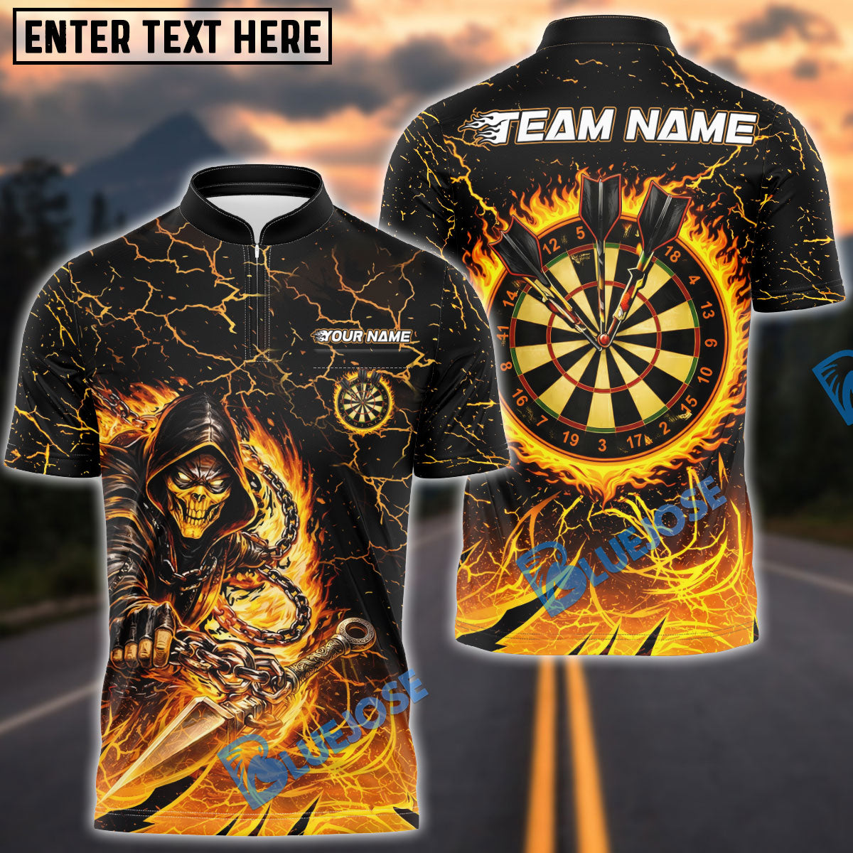 BlueJose Darts Flaming Assassin With Iron Darts Design Personalized Name, Team Name Unisex Shirt (4 Colors)
