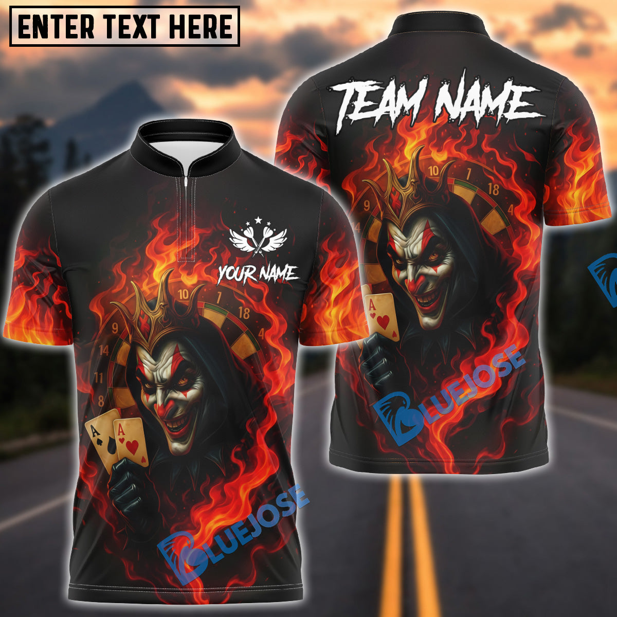 BlueJose Darts Fiery Joker Card Personalized Name, Team Name Shirt (4 Colors)